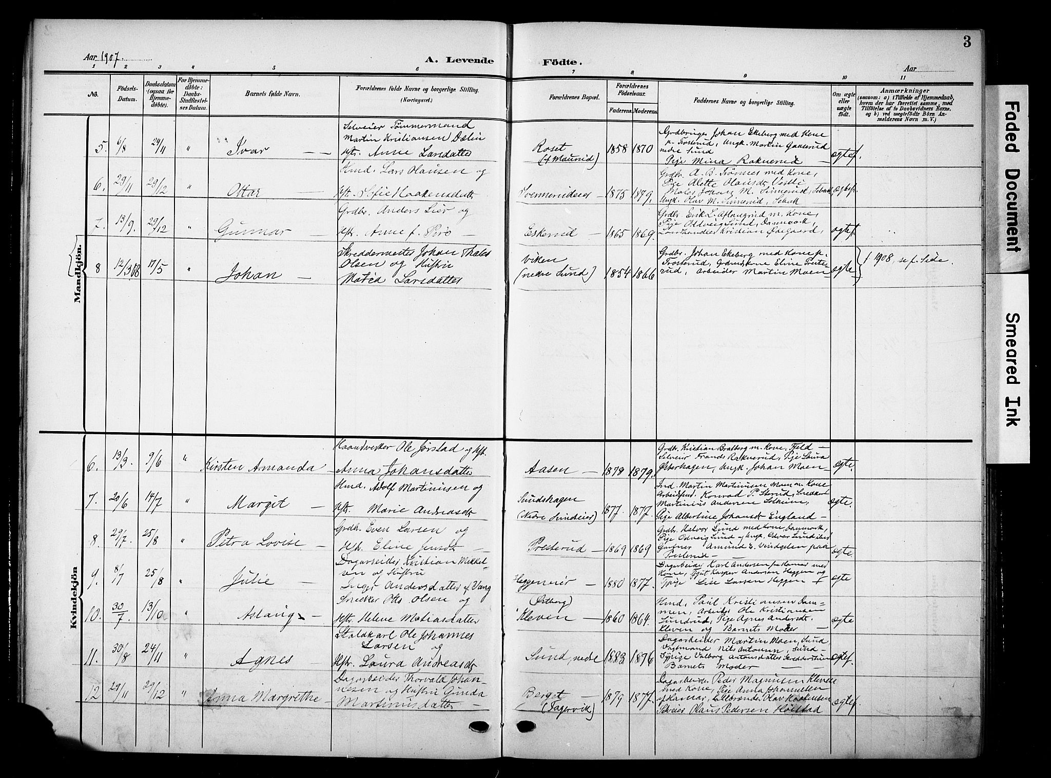 Nes prestekontor, Hedmark, AV/SAH-PREST-020/K/Ka/L0012: Parish register (official) no. 12, 1906-1920, p. 3