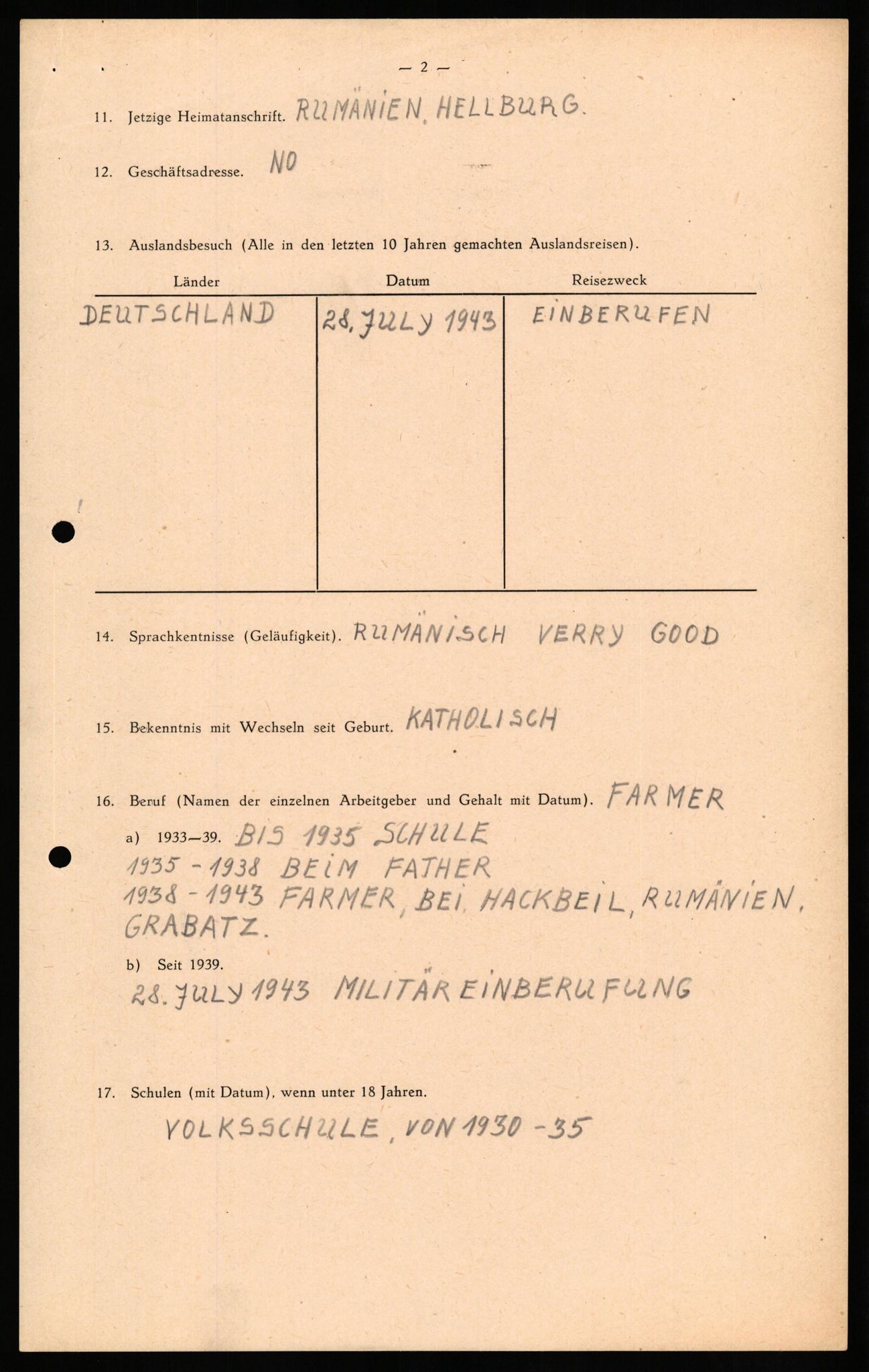Forsvaret, Forsvarets overkommando II, RA/RAFA-3915/D/Db/L0029: CI Questionaires. Tyske okkupasjonsstyrker i Norge. Tyskere., 1945-1946, p. 214