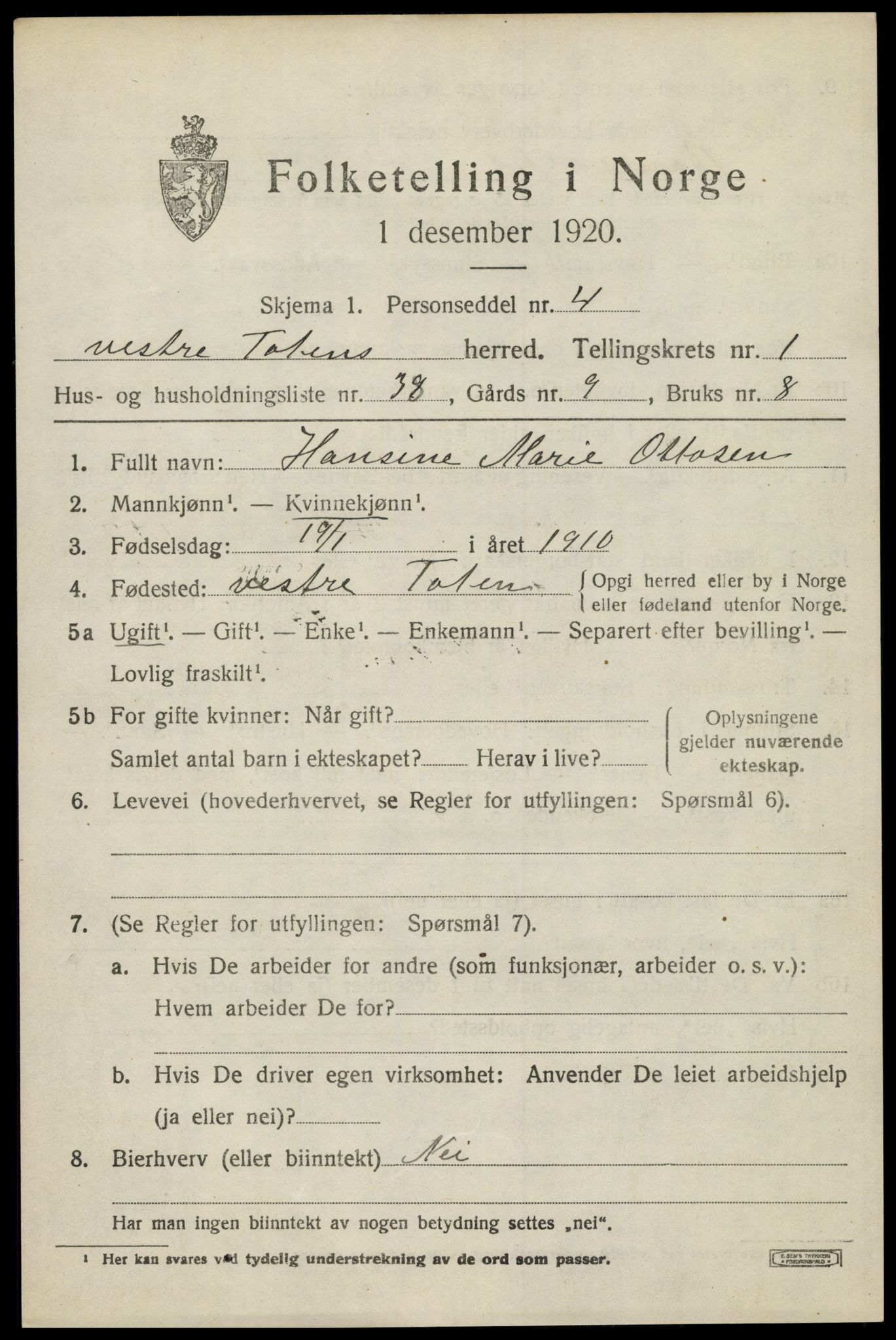 SAH, 1920 census for Vestre Toten, 1920, p. 2308