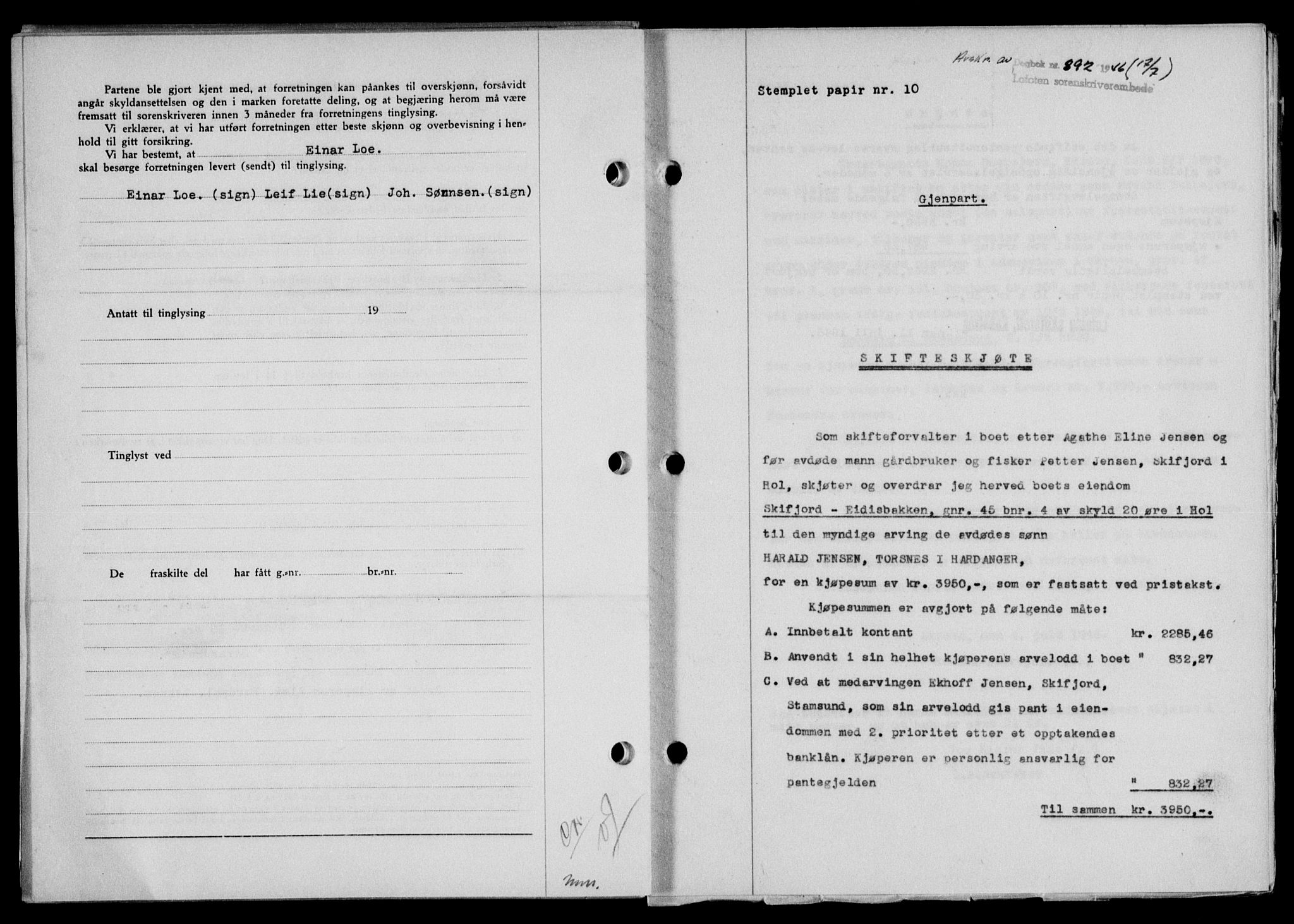Lofoten sorenskriveri, SAT/A-0017/1/2/2C/L0014a: Mortgage book no. 14a, 1946-1946, Diary no: : 892/1946