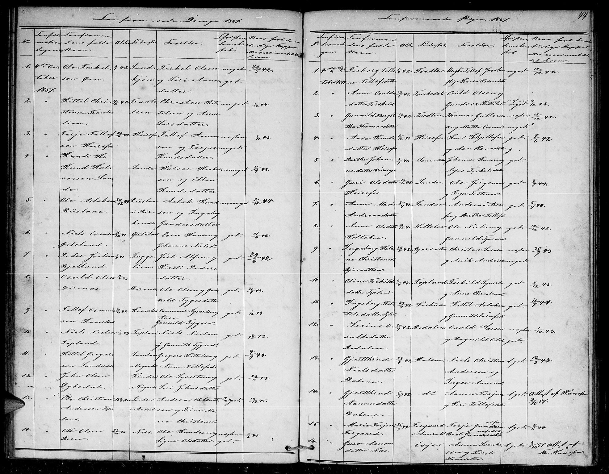 Herefoss sokneprestkontor, SAK/1111-0019/F/Fb/Fba/L0001: Parish register (copy) no. B 1, 1851-1868, p. 44