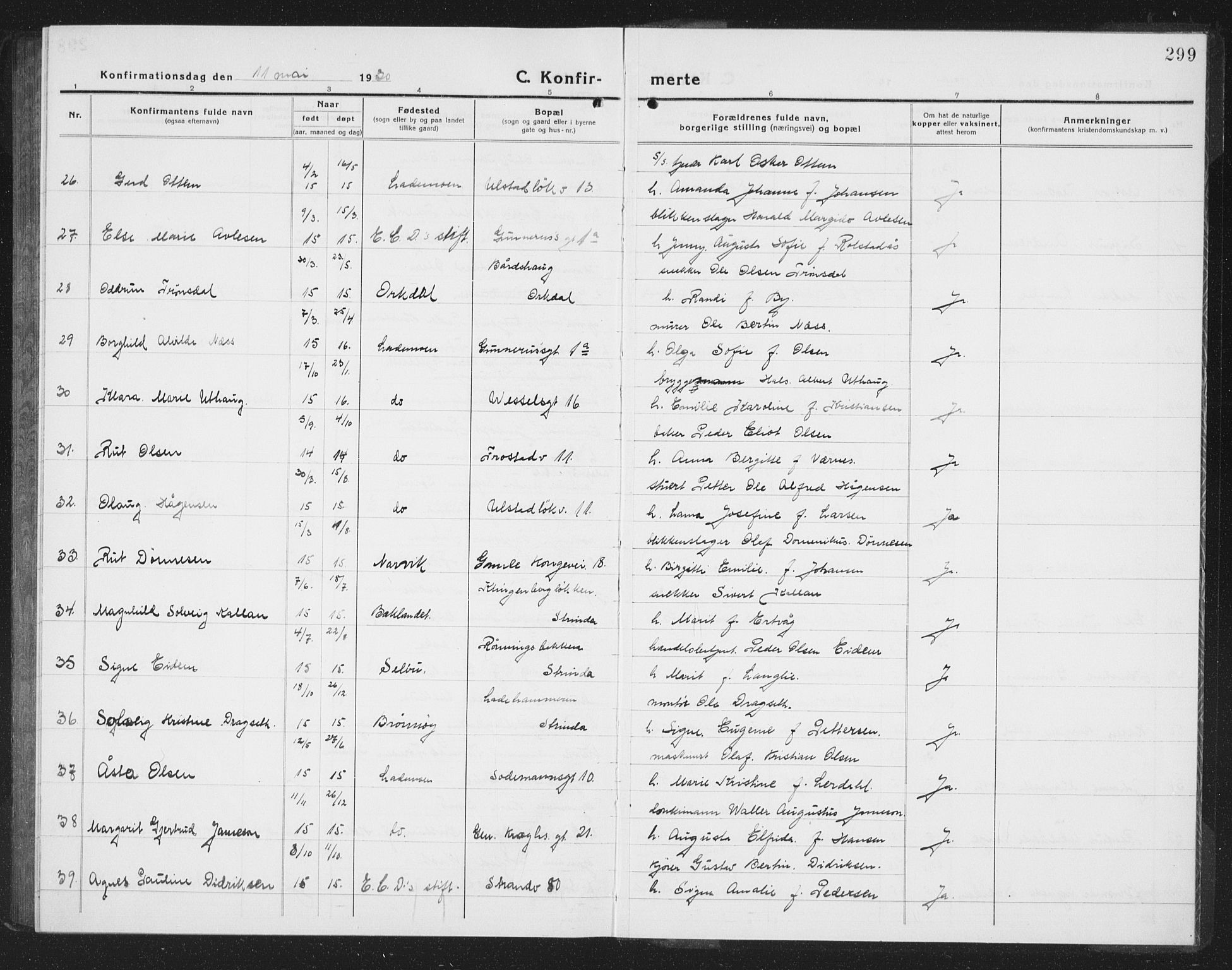 Ministerialprotokoller, klokkerbøker og fødselsregistre - Sør-Trøndelag, AV/SAT-A-1456/605/L0258: Parish register (copy) no. 605C05, 1918-1930, p. 299