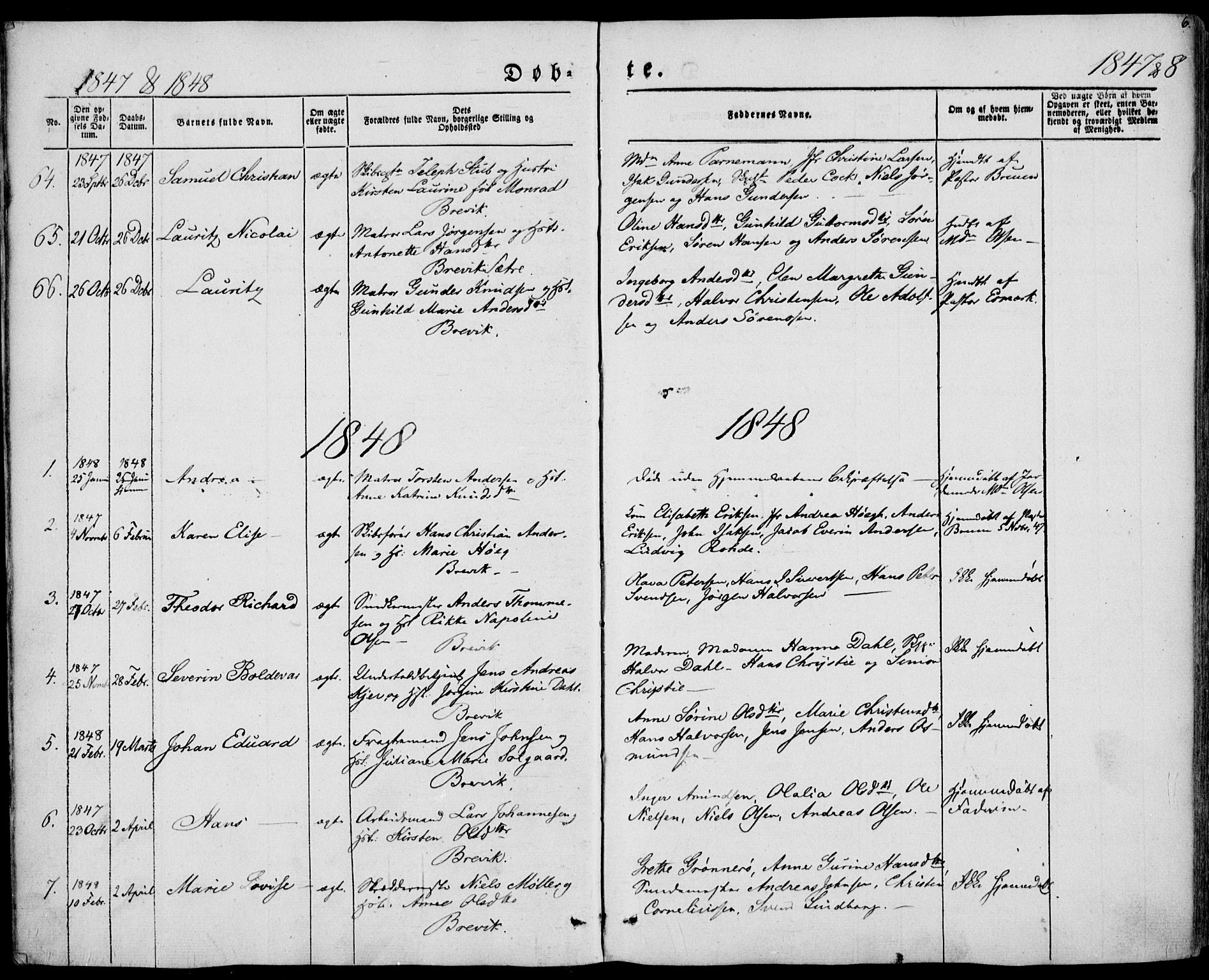 Brevik kirkebøker, AV/SAKO-A-255/F/Fa/L0005: Parish register (official) no. 5, 1847-1865, p. 6