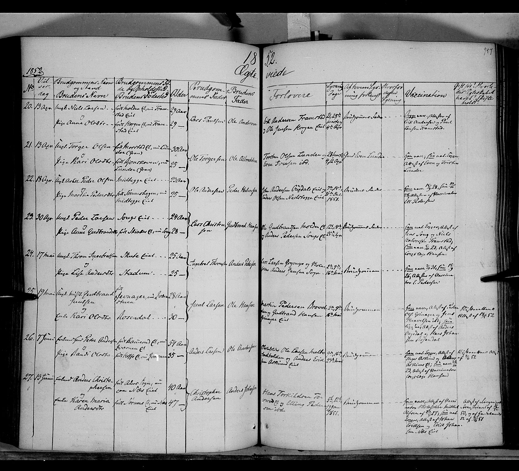 Gran prestekontor, AV/SAH-PREST-112/H/Ha/Haa/L0011: Parish register (official) no. 11, 1842-1856, p. 956-957