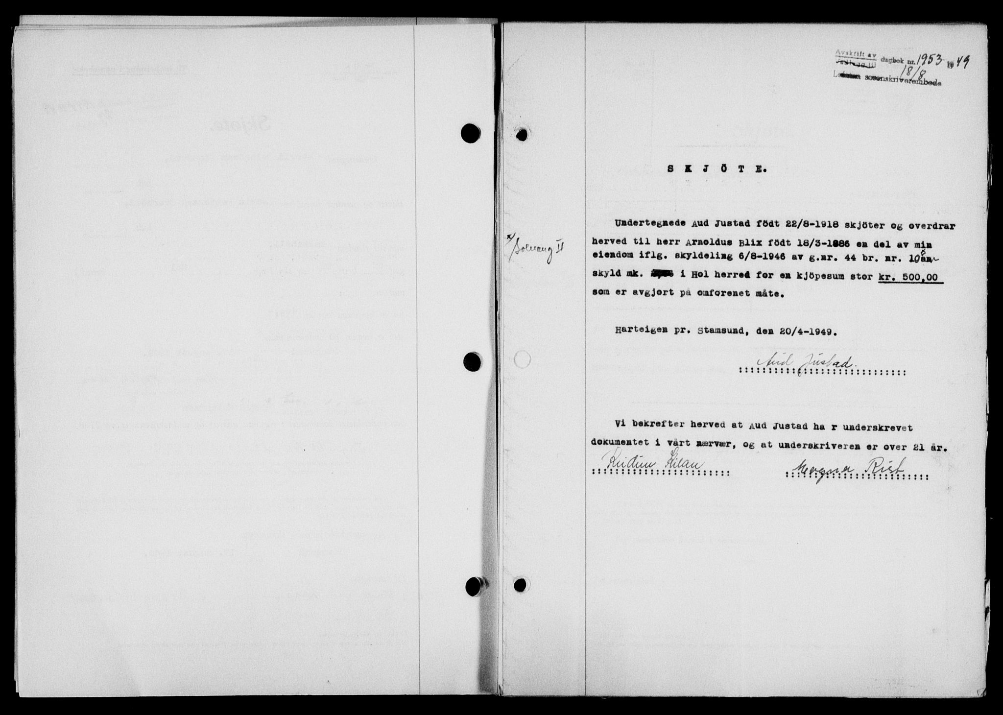 Lofoten sorenskriveri, SAT/A-0017/1/2/2C/L0021a: Mortgage book no. 21a, 1949-1949, Diary no: : 1953/1949