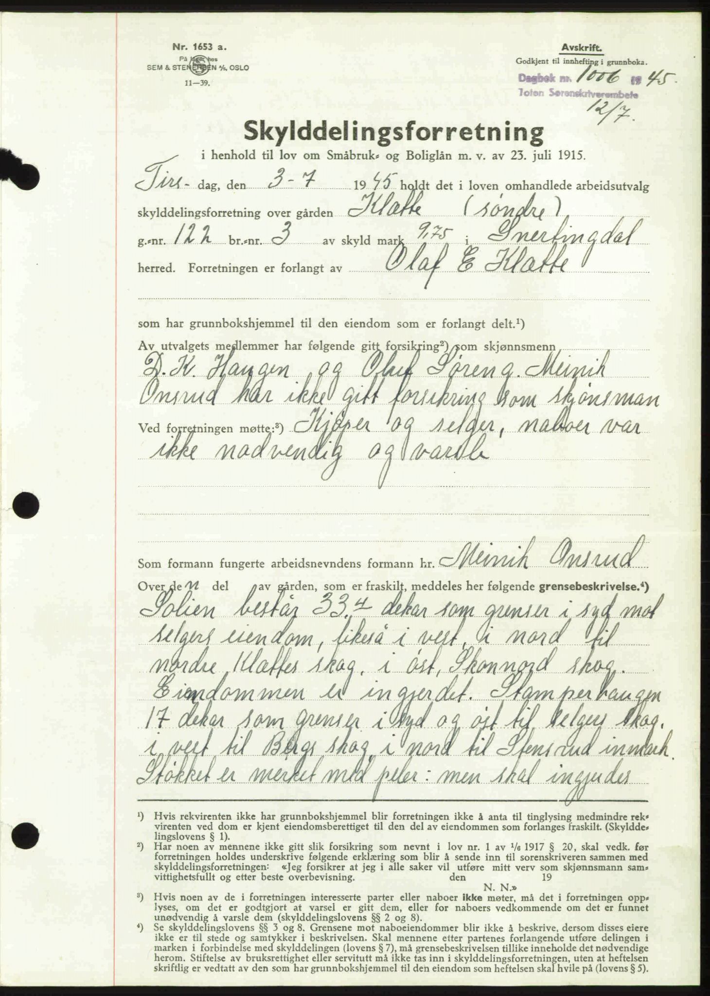 Toten tingrett, SAH/TING-006/H/Hb/Hbc/L0013: Mortgage book no. Hbc-13, 1945-1945, Diary no: : 1006/1945