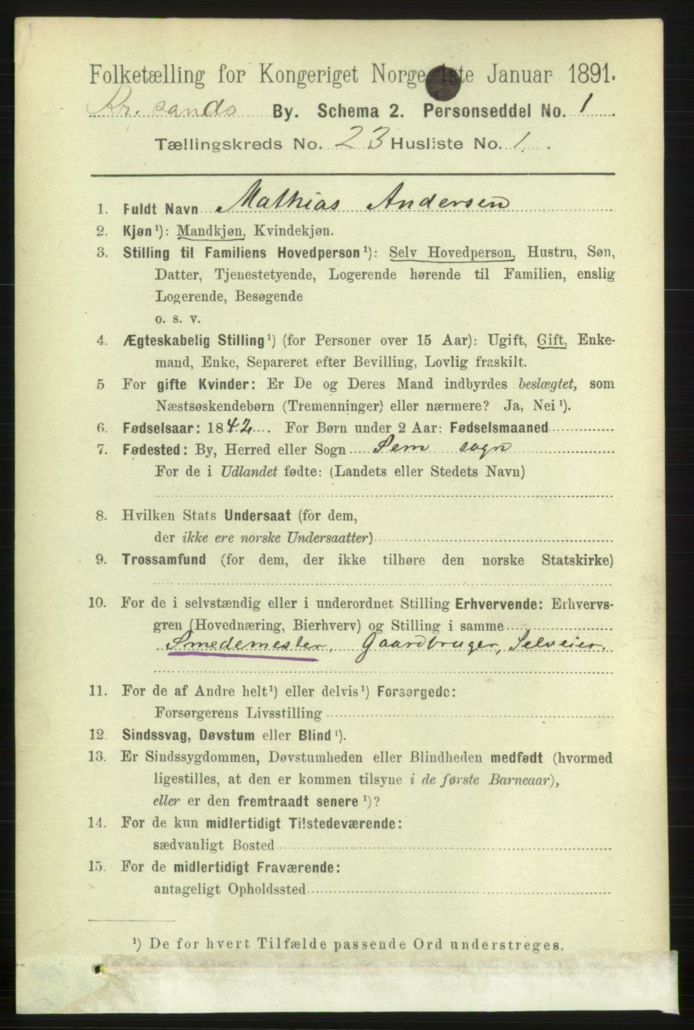 RA, 1891 census for 1001 Kristiansand, 1891, p. 8437