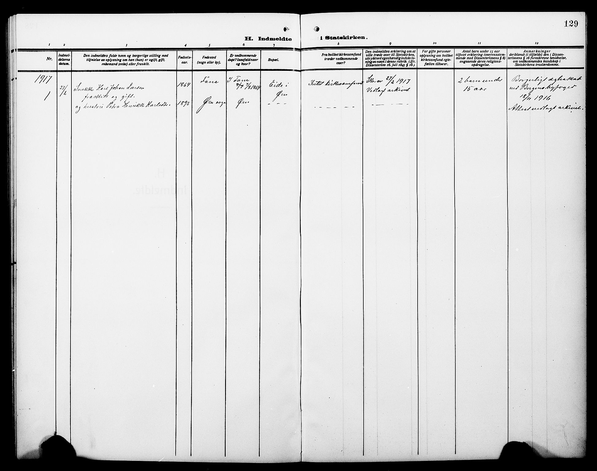 Hyllestad sokneprestembete, SAB/A-80401: Parish register (copy) no. C 4, 1914-1927, p. 129
