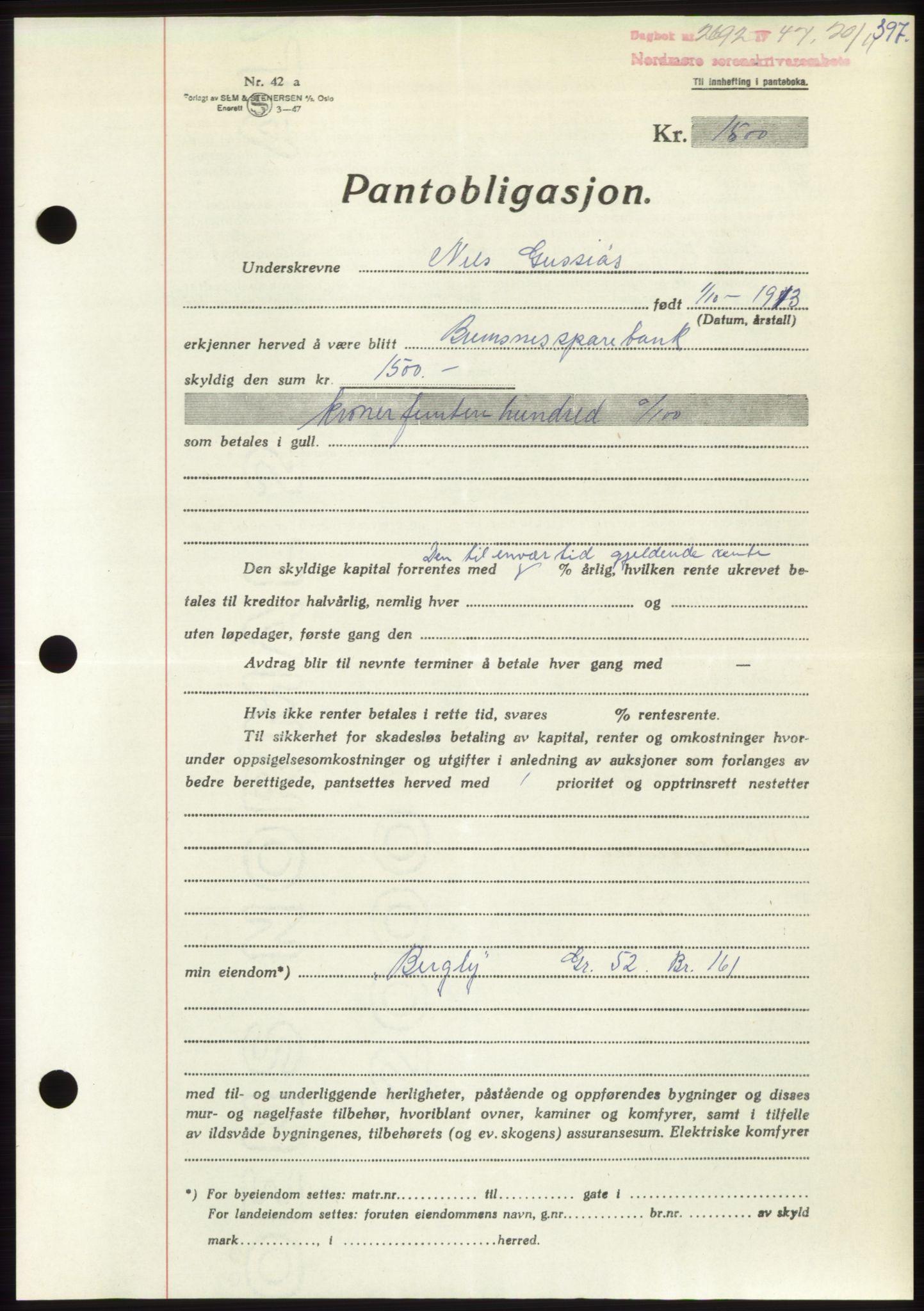 Nordmøre sorenskriveri, AV/SAT-A-4132/1/2/2Ca: Mortgage book no. B97, 1947-1948, Diary no: : 2692/1947