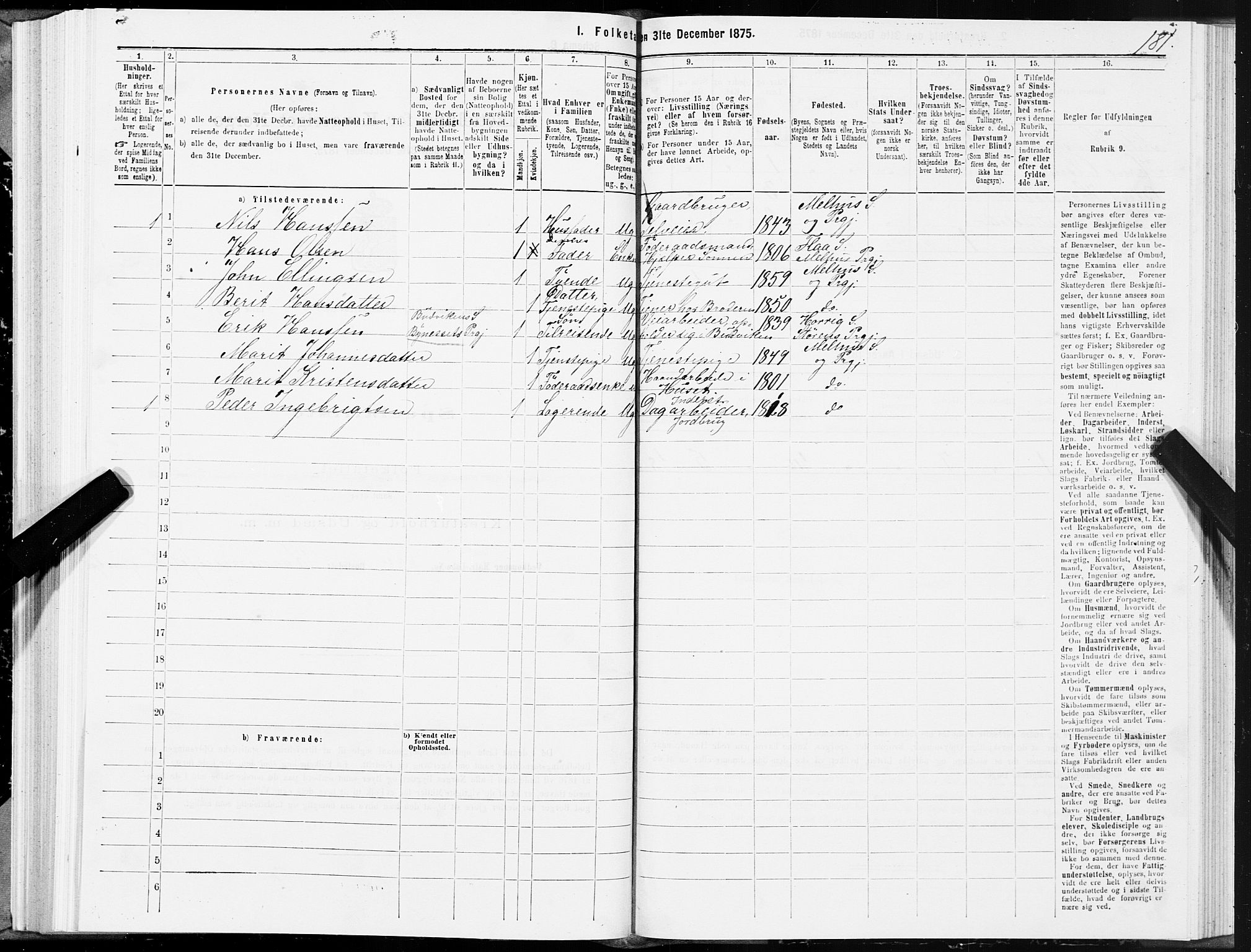 SAT, 1875 census for 1653P Melhus, 1875, p. 1181