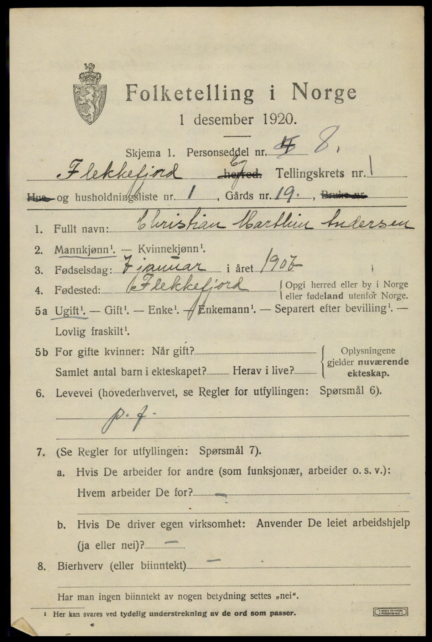 SAK, 1920 census for Flekkefjord, 1920, p. 2066