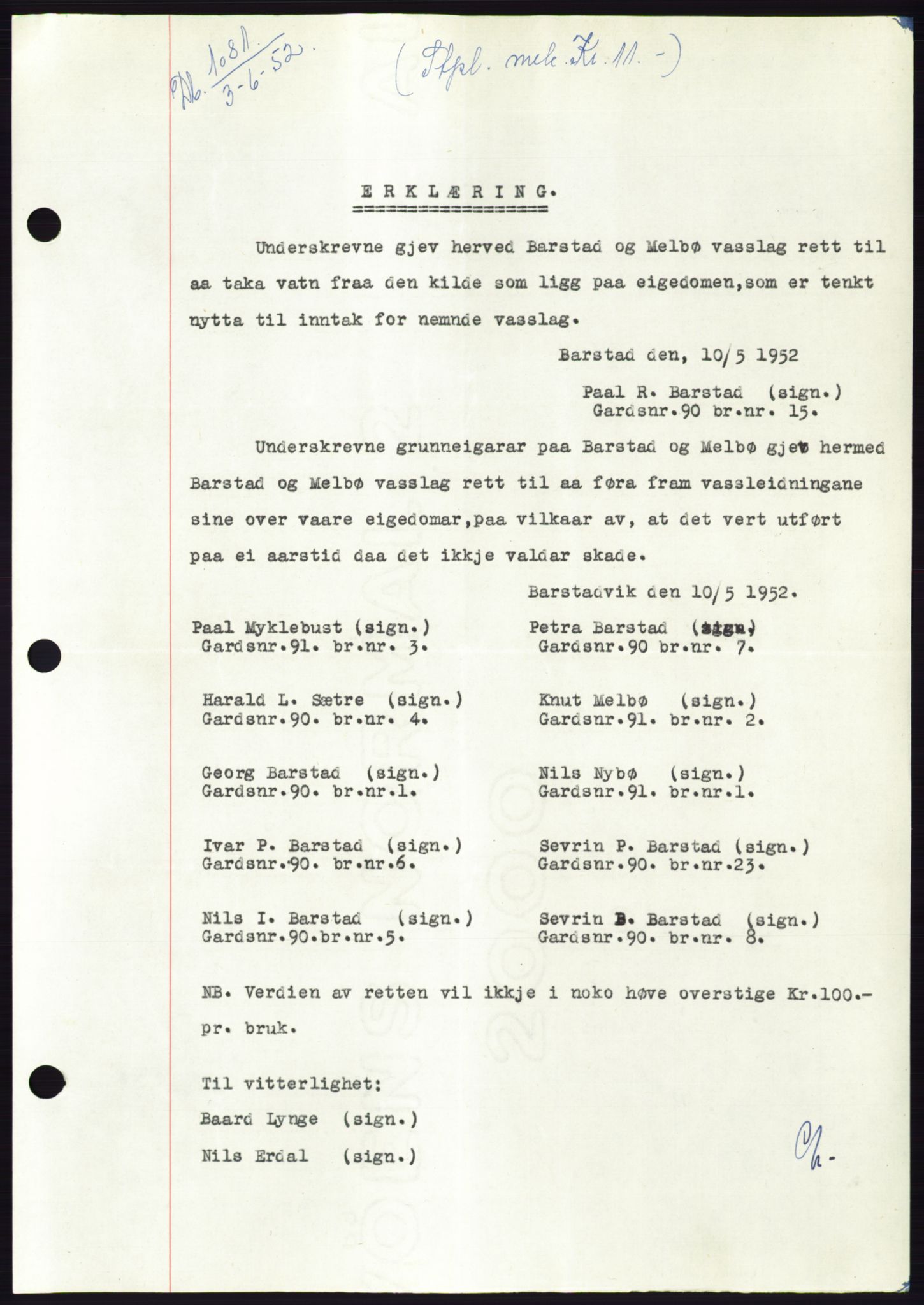 Søre Sunnmøre sorenskriveri, AV/SAT-A-4122/1/2/2C/L0092: Mortgage book no. 18A, 1952-1952, Diary no: : 1081/1952