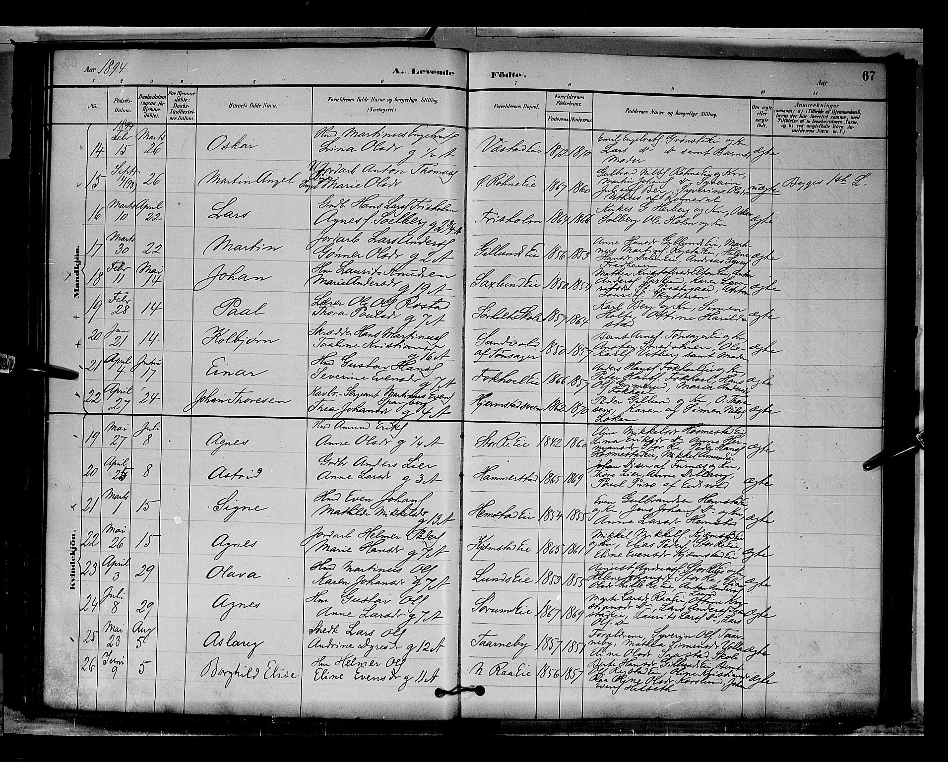 Stange prestekontor, AV/SAH-PREST-002/L/L0009: Parish register (copy) no. 9, 1883-1899, p. 67