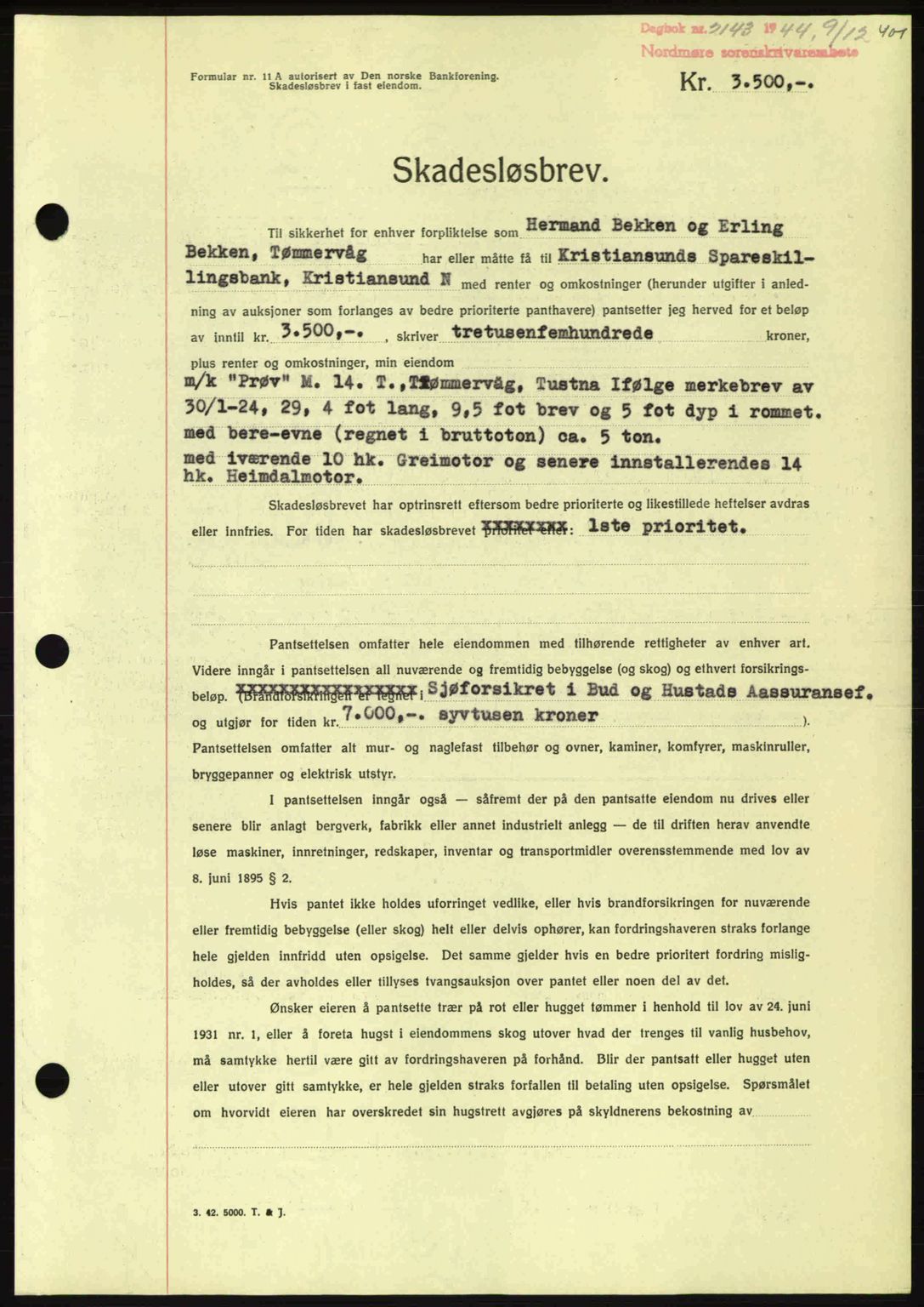 Nordmøre sorenskriveri, AV/SAT-A-4132/1/2/2Ca: Mortgage book no. B92, 1944-1945, Diary no: : 2143/1944