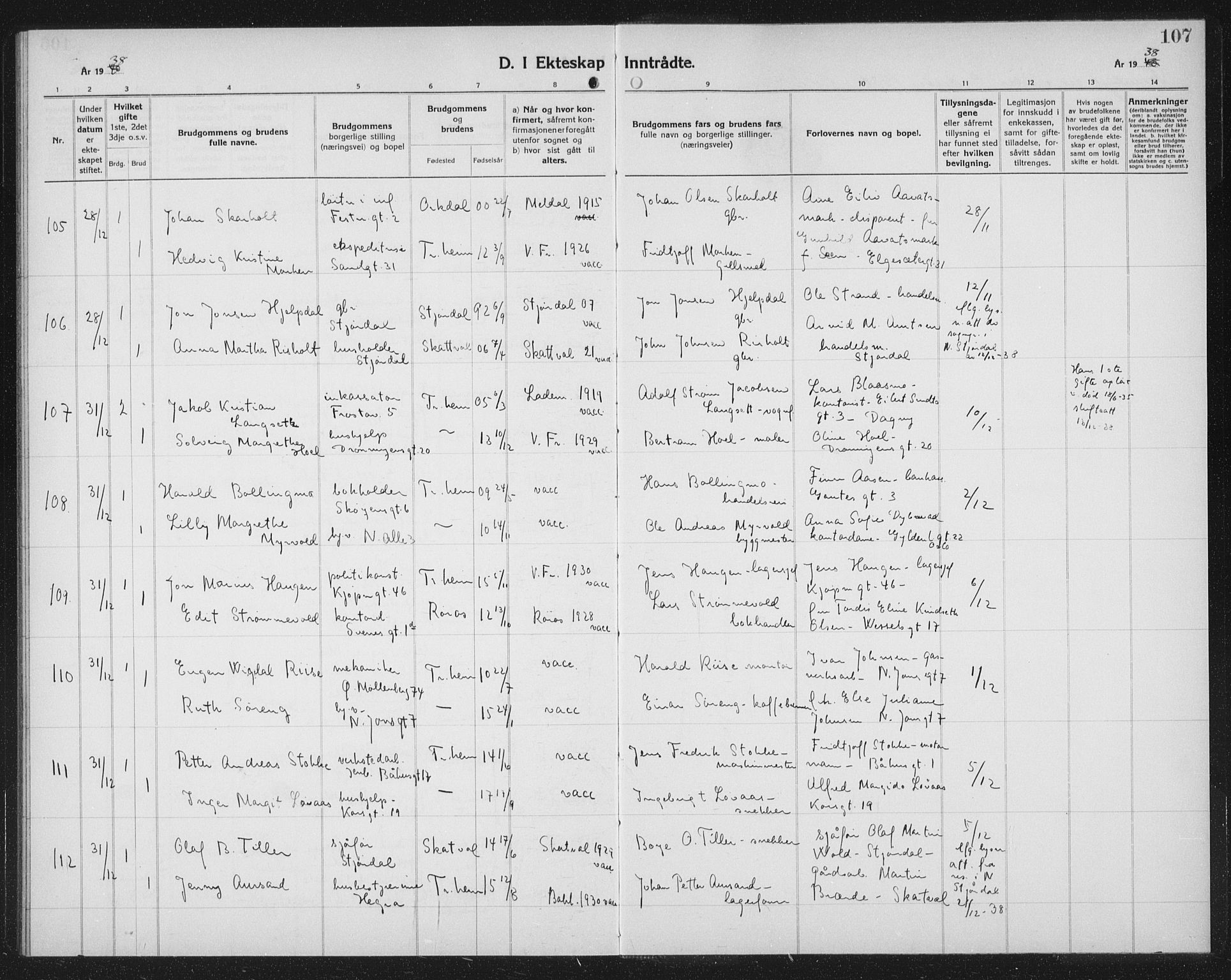 Ministerialprotokoller, klokkerbøker og fødselsregistre - Sør-Trøndelag, SAT/A-1456/602/L0152: Parish register (copy) no. 602C20, 1933-1940, p. 107