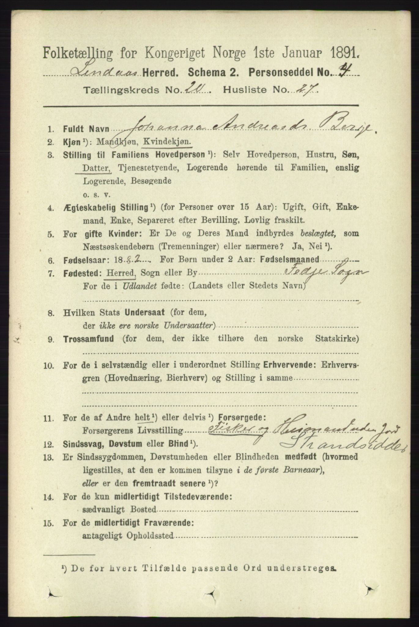 RA, 1891 census for 1263 Lindås, 1891, p. 7519