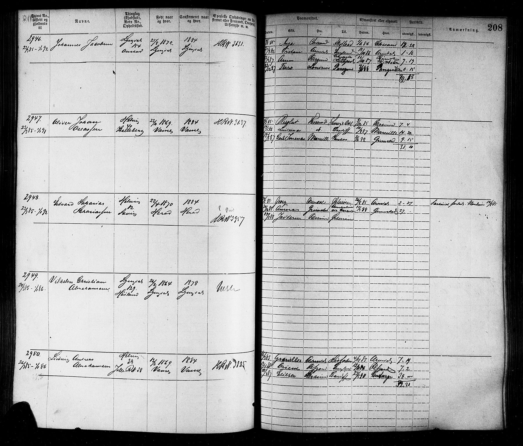 Farsund mønstringskrets, SAK/2031-0017/F/Fa/L0006: Annotasjonsrulle nr 1911-3805 med register, Z-3, 1877-1894, p. 239