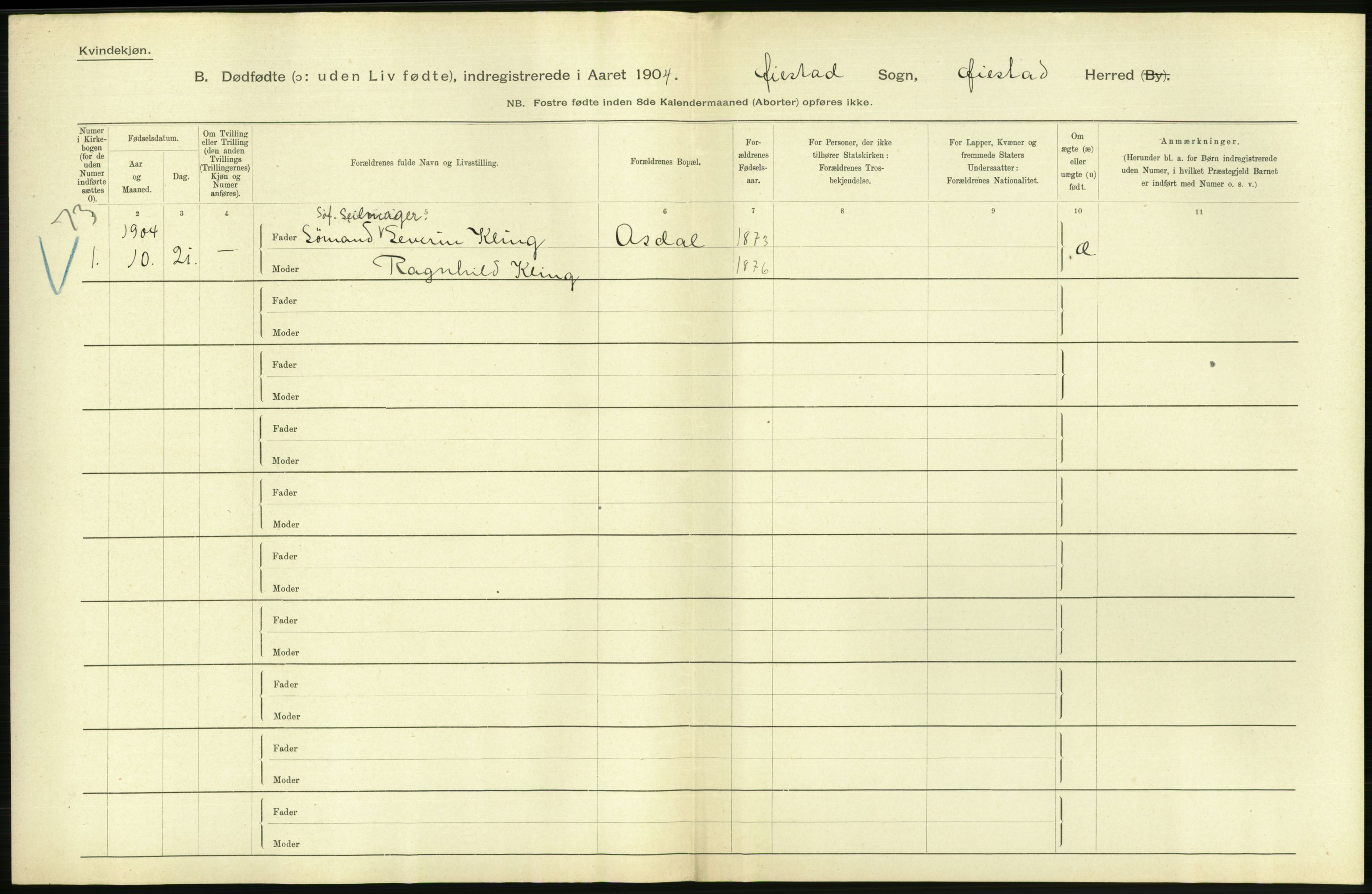 Statistisk sentralbyrå, Sosiodemografiske emner, Befolkning, AV/RA-S-2228/D/Df/Dfa/Dfab/L0025: Smålenenes amt - Stavanger amt: Dødfødte. Bygder., 1904, p. 462