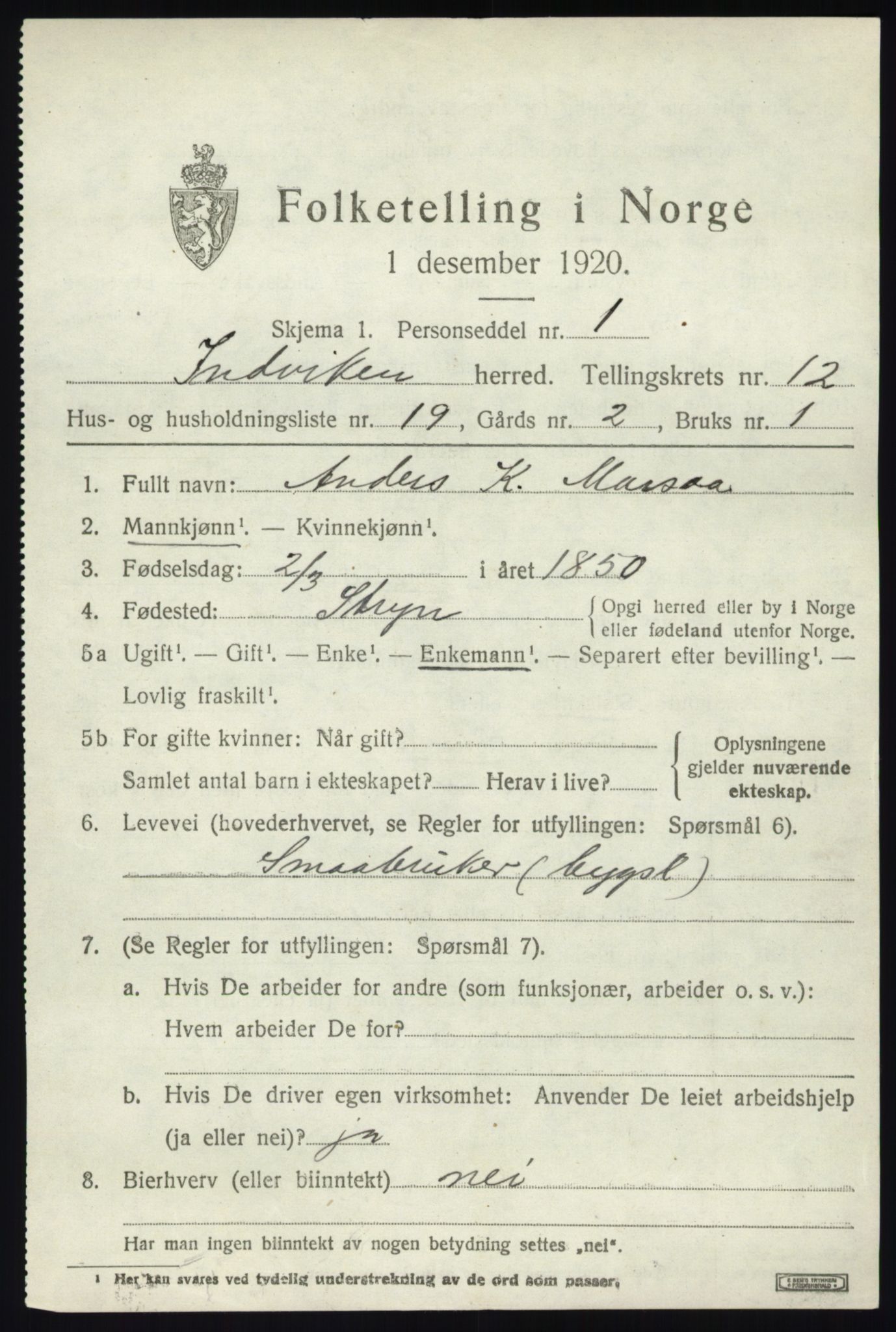 SAB, 1920 census for Innvik, 1920, p. 5123