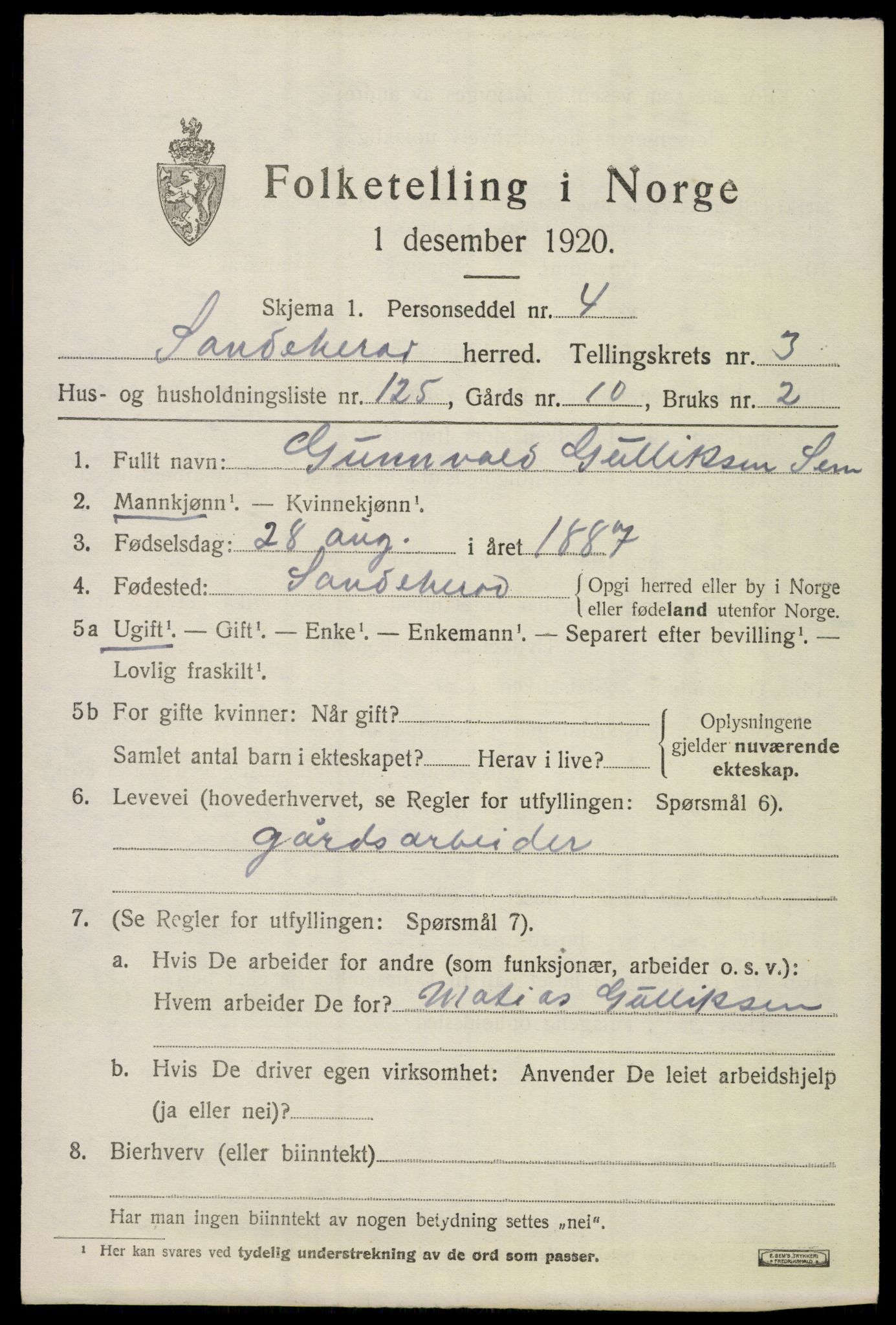 SAKO, 1920 census for Sandeherred, 1920, p. 6654