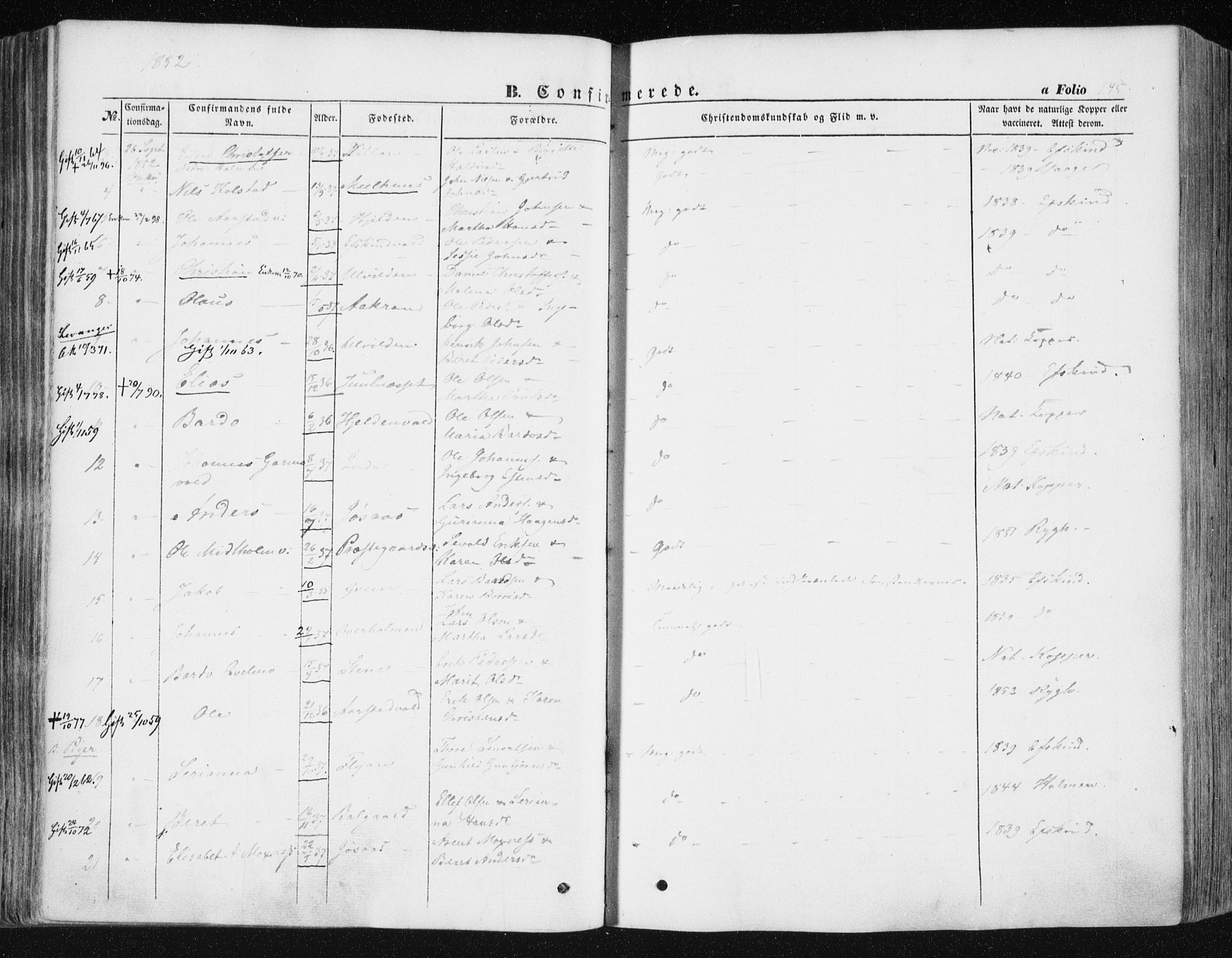 Ministerialprotokoller, klokkerbøker og fødselsregistre - Nord-Trøndelag, AV/SAT-A-1458/723/L0240: Parish register (official) no. 723A09, 1852-1860, p. 145