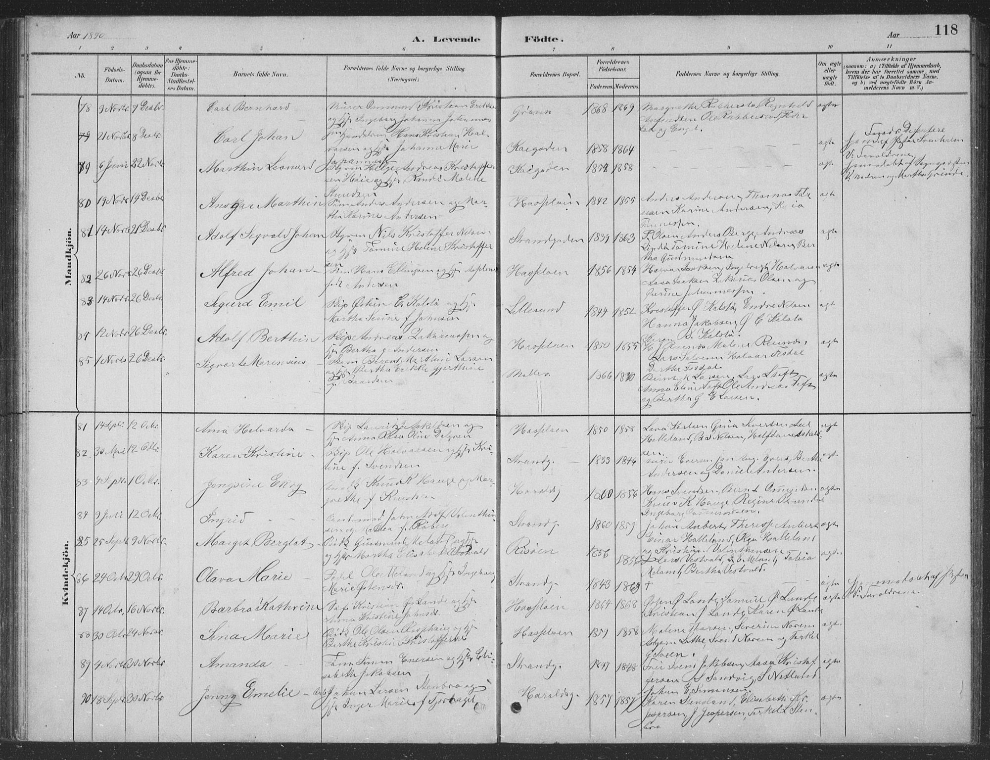 Haugesund sokneprestkontor, AV/SAST-A -101863/H/Ha/Hab/L0002: Parish register (copy) no. B 2, 1881-1894, p. 118