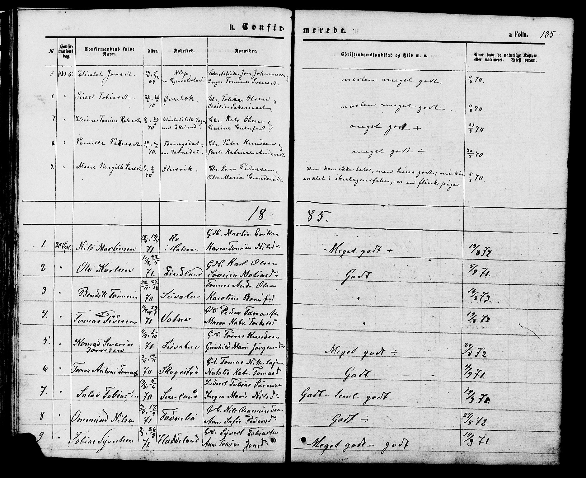 Holum sokneprestkontor, SAK/1111-0022/F/Fb/Fba/L0004: Parish register (copy) no. B 4, 1867-1890, p. 185