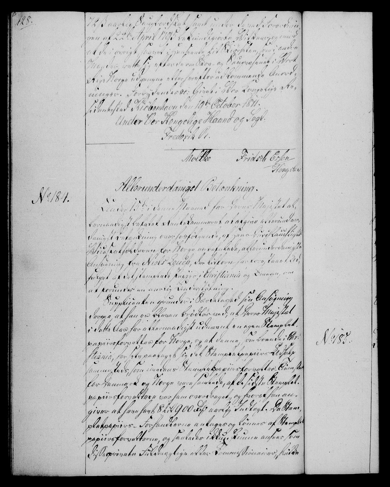 Rentekammeret, Kammerkanselliet, AV/RA-EA-3111/G/Gg/Gga/L0020: Norsk ekspedisjonsprotokoll med register (merket RK 53.20), 1811-1814, p. 128