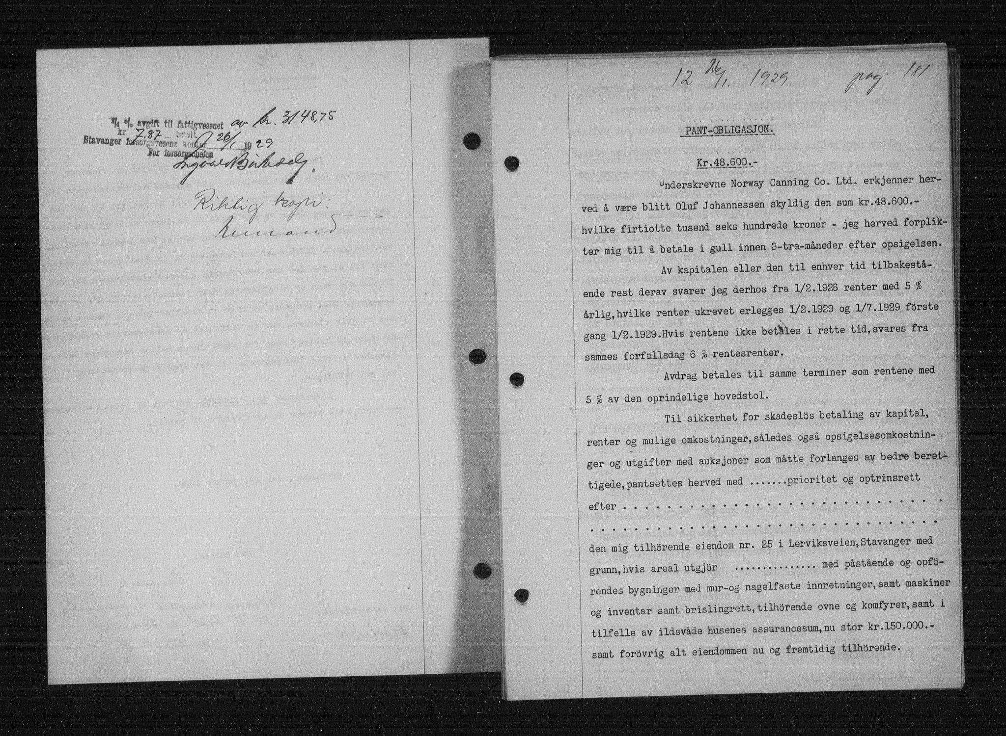 Stavanger byfogd, SAST/A-101408/001/4/41/410/410BB/L0055: Mortgage book no. 43, 1928-1929, Deed date: 26.01.1929