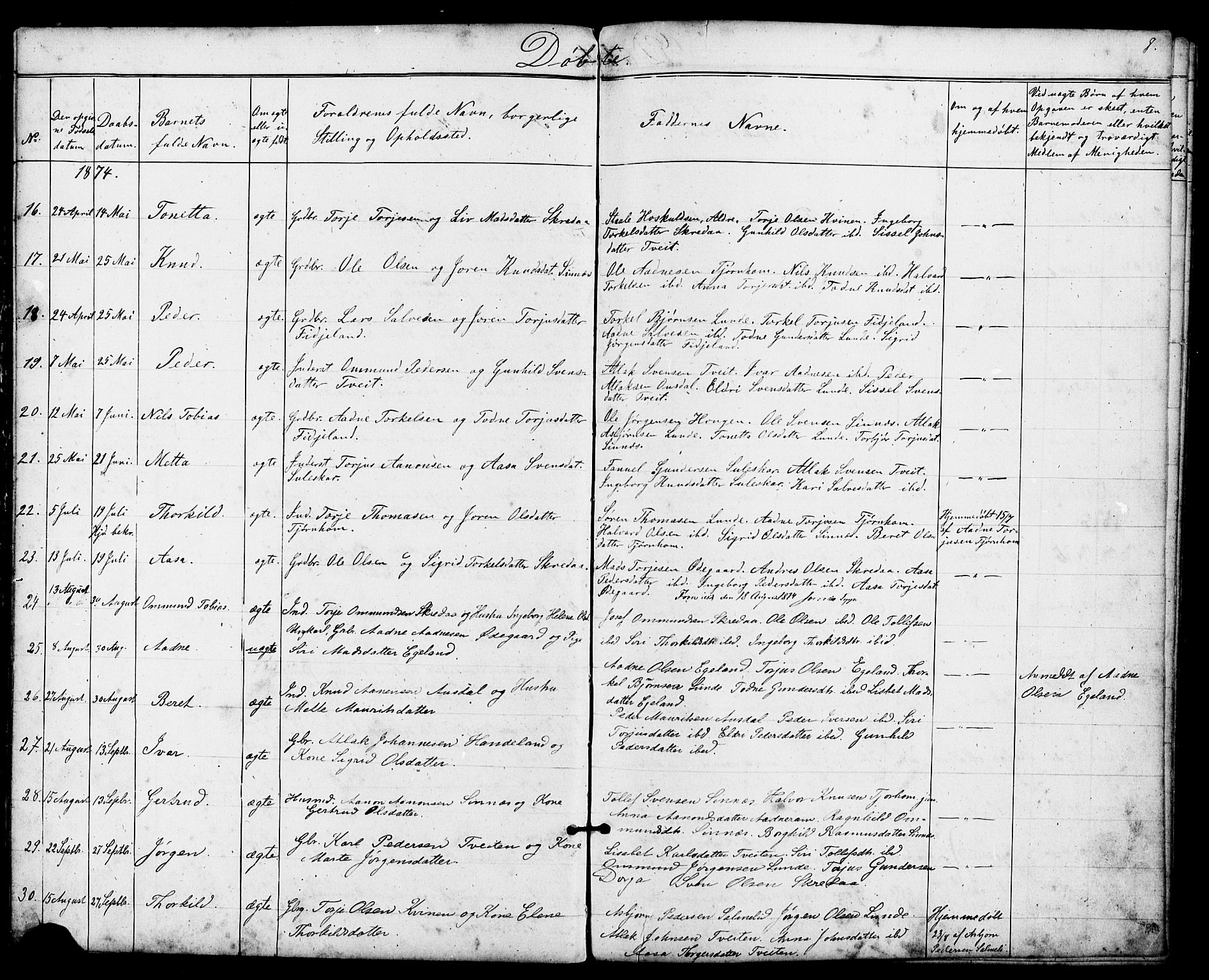 Sirdal sokneprestkontor, AV/SAK-1111-0036/F/Fb/Fba/L0001: Parish register (copy) no. B 1, 1872-1905, p. 8