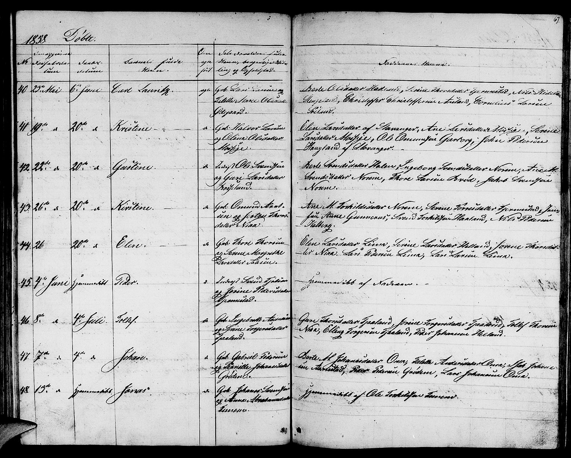 Lye sokneprestkontor, AV/SAST-A-101794/001/30BB/L0002: Parish register (copy) no. B 2, 1852-1867, p. 67