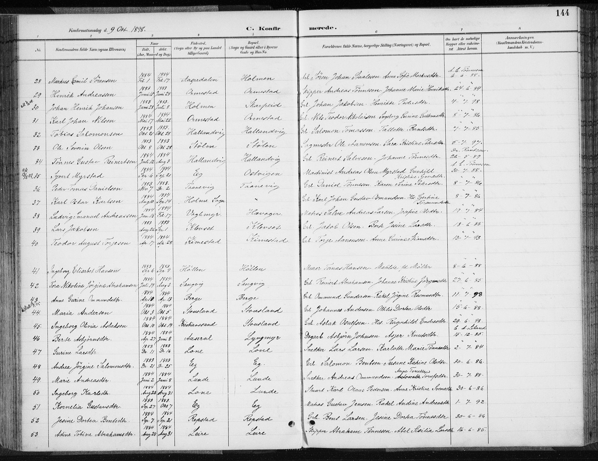 Søgne sokneprestkontor, SAK/1111-0037/F/Fa/Fab/L0013: Parish register (official) no. A 13, 1892-1911, p. 144