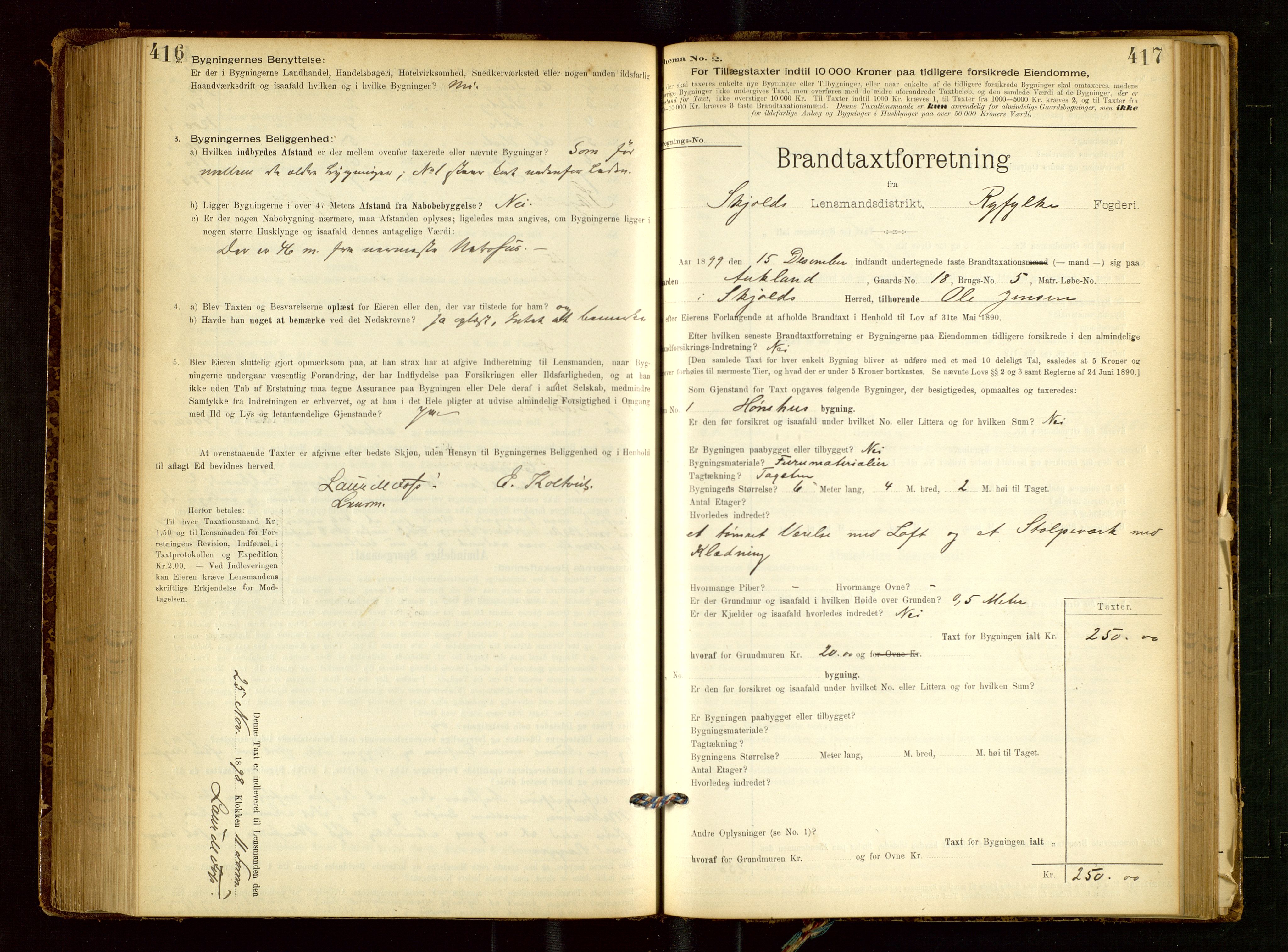 Skjold lensmannskontor, SAST/A-100182/Gob/L0001: "Brandtaxationsprotokol for Skjold Lensmandsdistrikt Ryfylke Fogderi", 1894-1939, p. 416-417