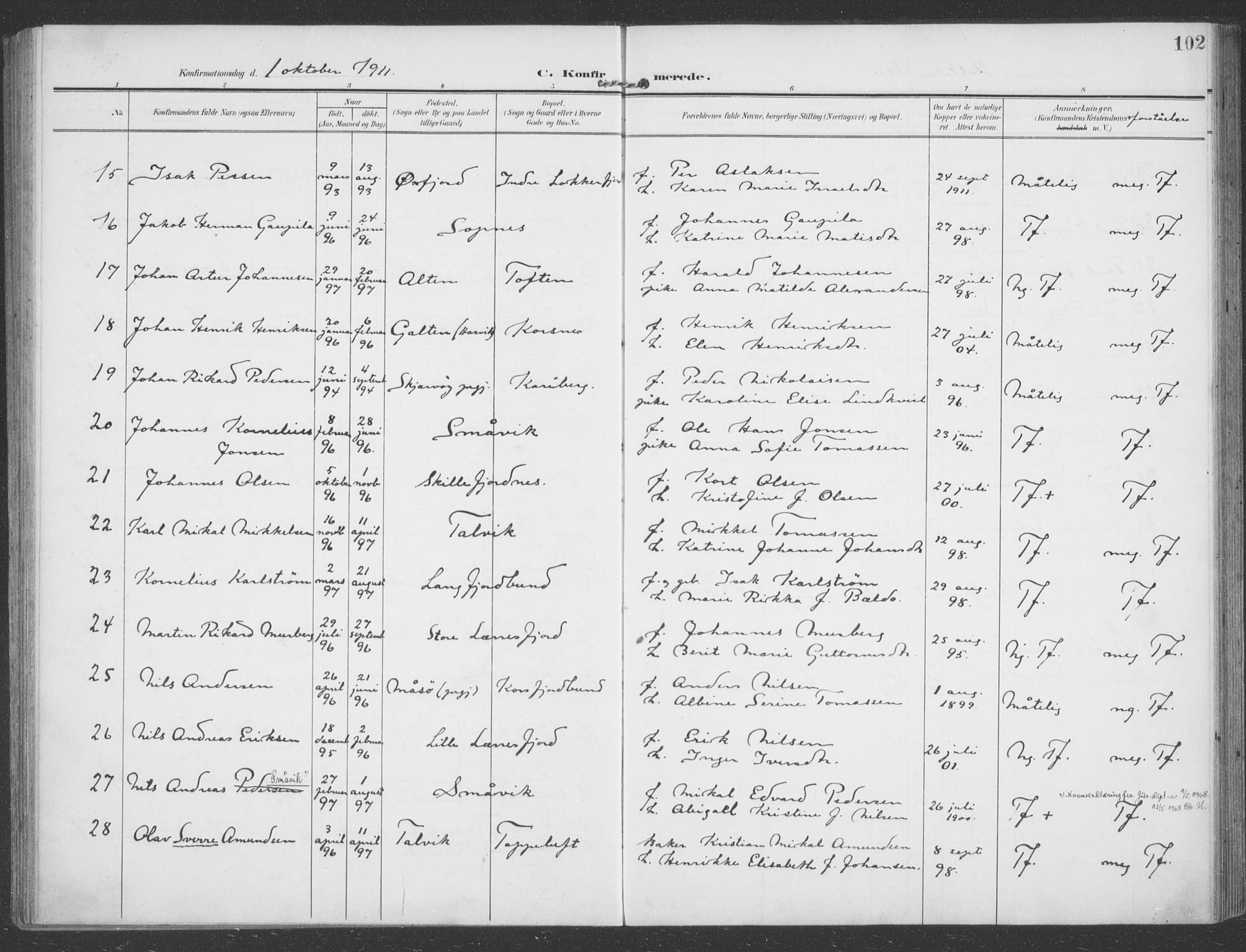 Talvik sokneprestkontor, SATØ/S-1337/H/Ha/L0017kirke: Parish register (official) no. 17, 1906-1915, p. 102