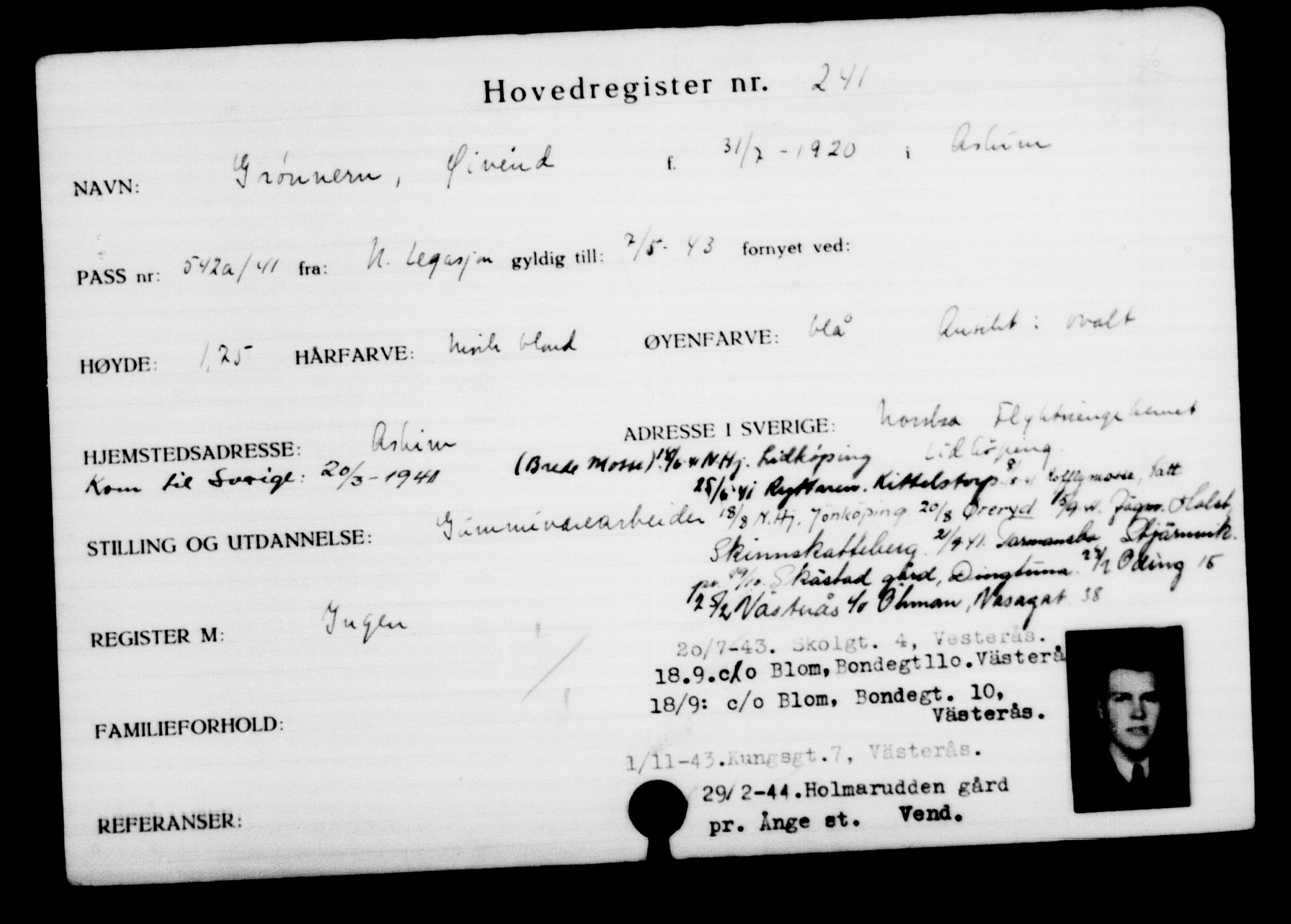 Utenriksstasjonene, Legasjonen i Stockholm, Flyktningkontoret, AV/RA-S-6753/V/Va/L0001: Kjesäterkartoteket, flyktninger med registreringsnr. 1-1000, 1940-1945, p. 385