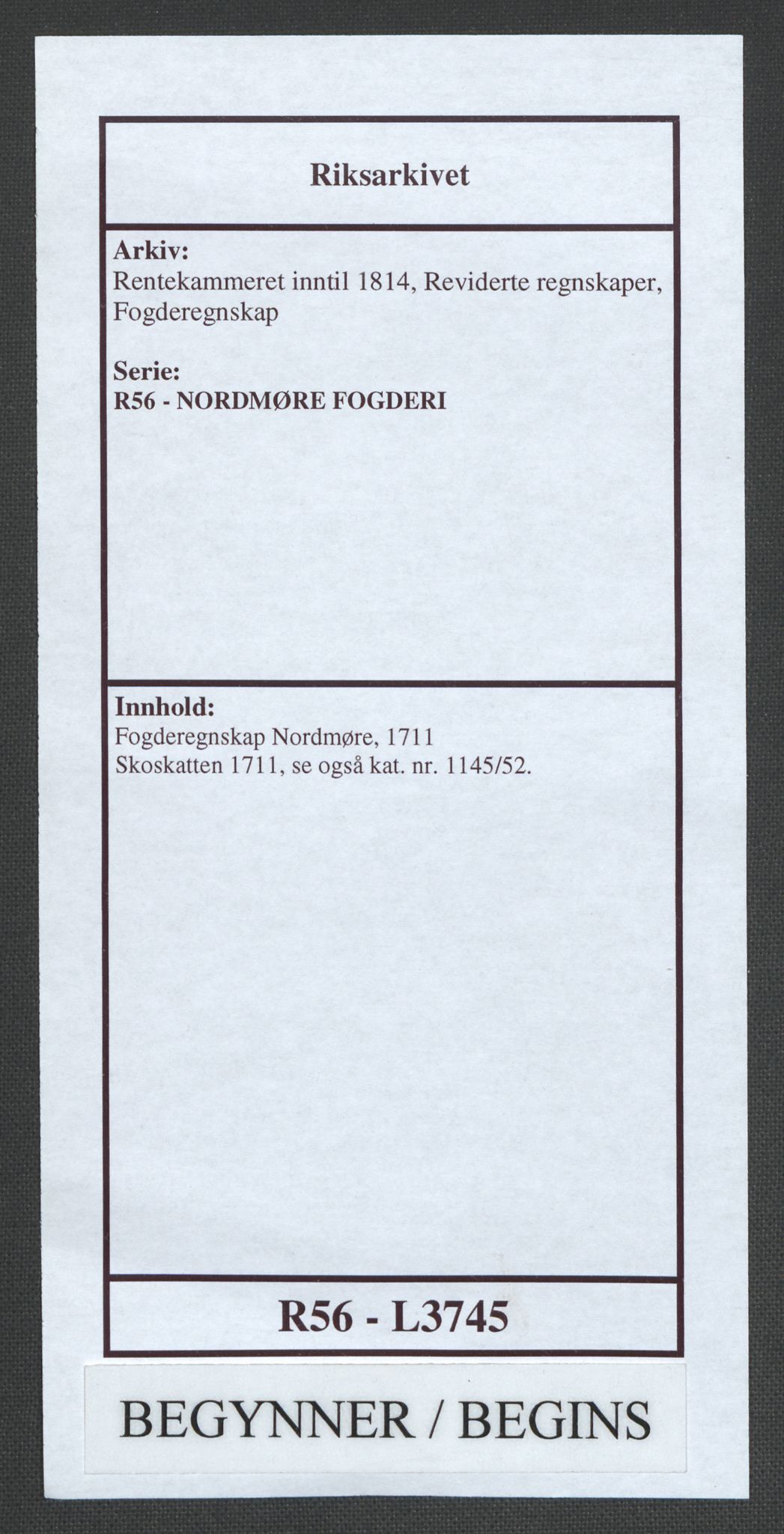 Rentekammeret inntil 1814, Reviderte regnskaper, Fogderegnskap, AV/RA-EA-4092/R56/L3745: Fogderegnskap Nordmøre, 1711, p. 1