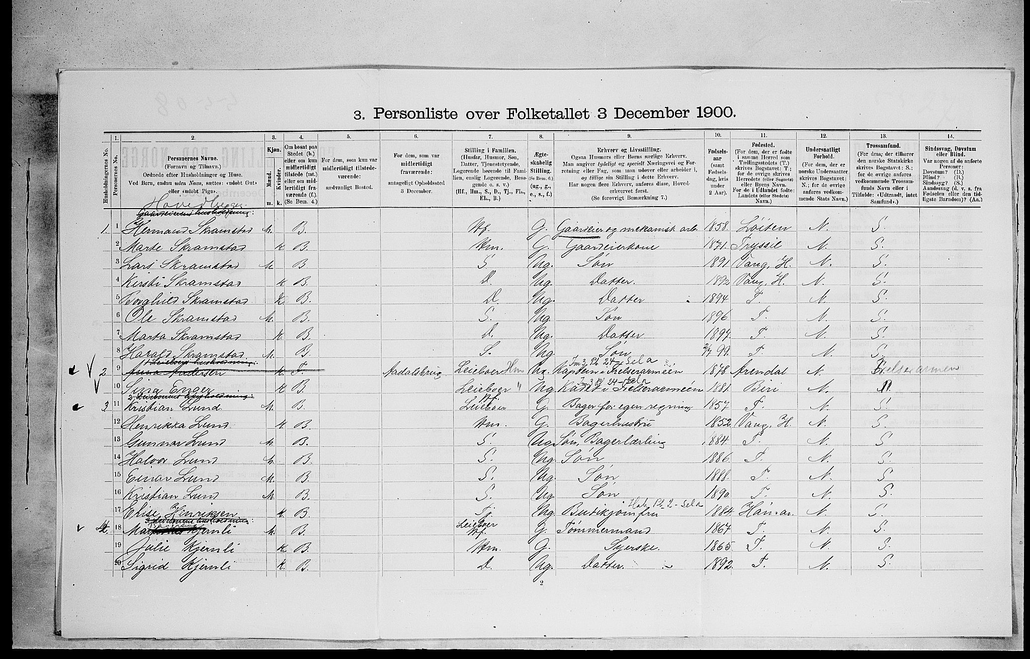 SAH, 1900 census for Stange, 1900, p. 1262