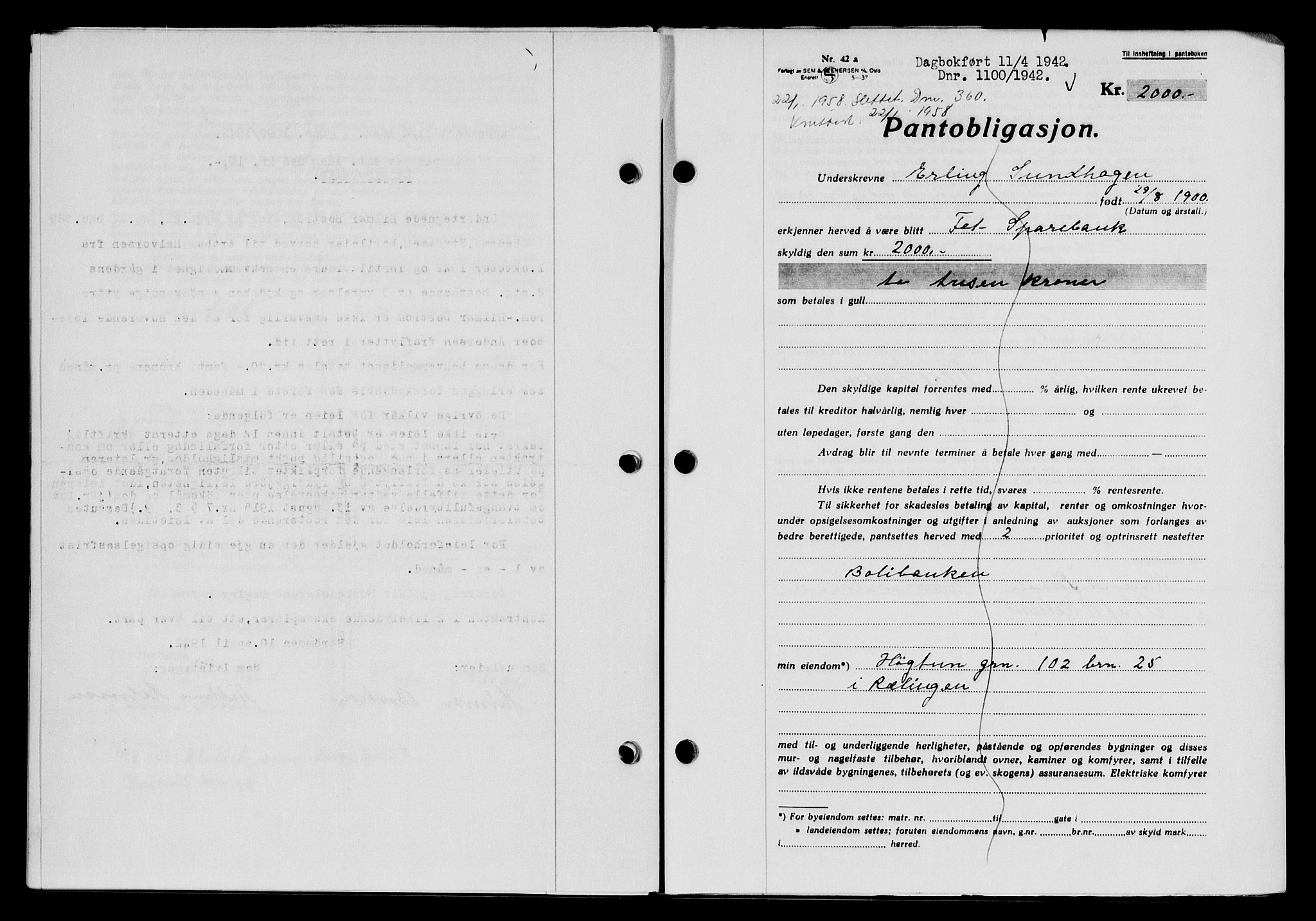 Nedre Romerike sorenskriveri, AV/SAO-A-10469/G/Gb/Gbc/L0008: Mortgage book no. B8, 1942-1942, Diary no: : 1100/1942