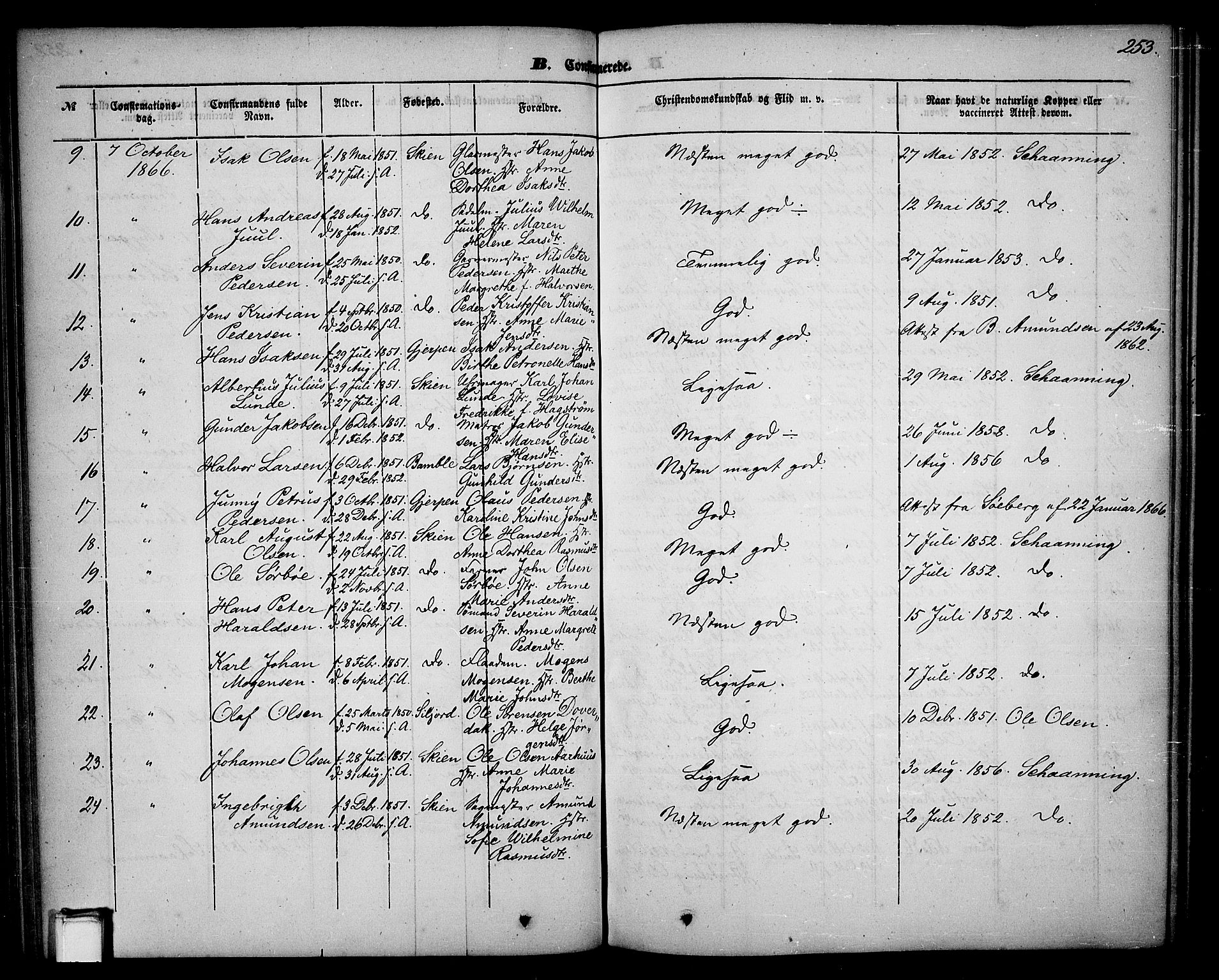 Skien kirkebøker, AV/SAKO-A-302/G/Ga/L0004: Parish register (copy) no. 4, 1843-1867, p. 253