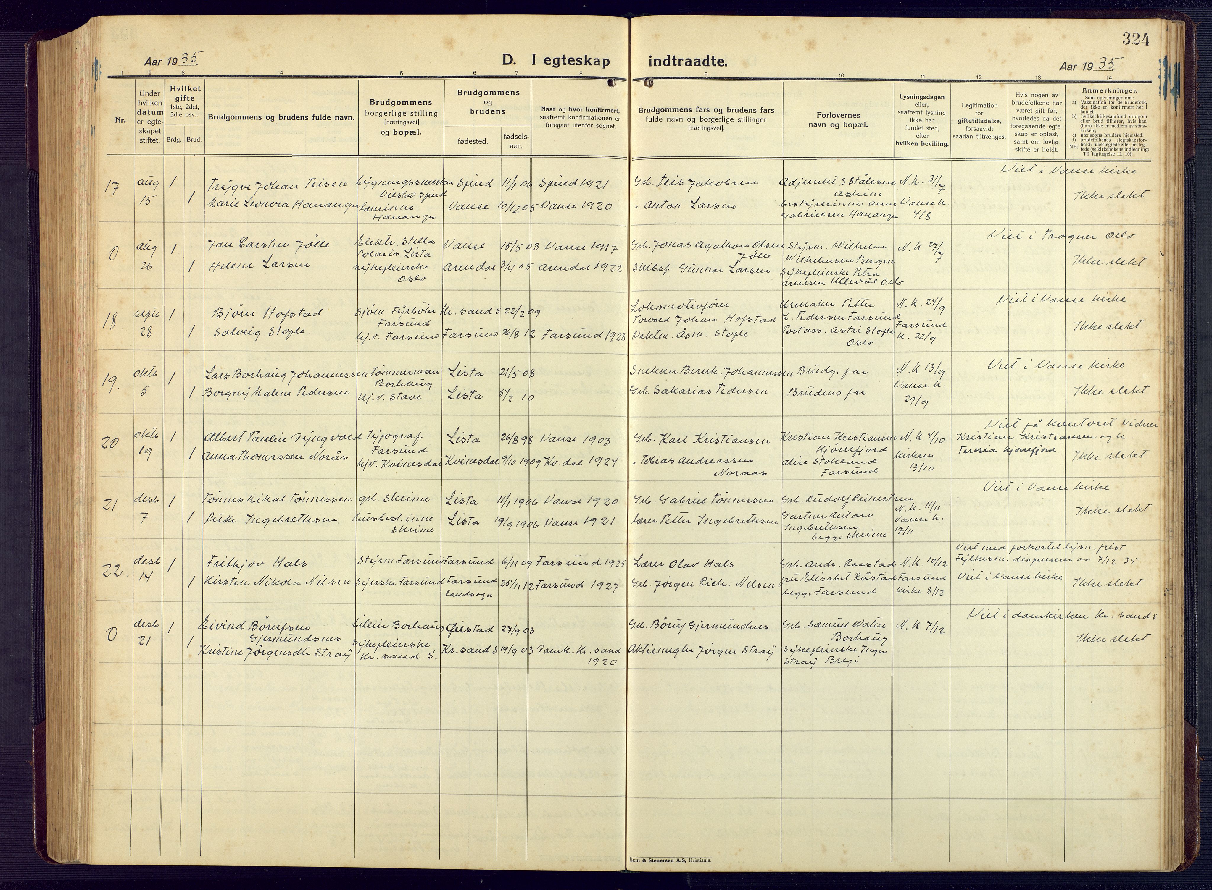 Lista sokneprestkontor, AV/SAK-1111-0027/F/Fb/L0006: Parish register (copy) no. B 6, 1924-1947, p. 324