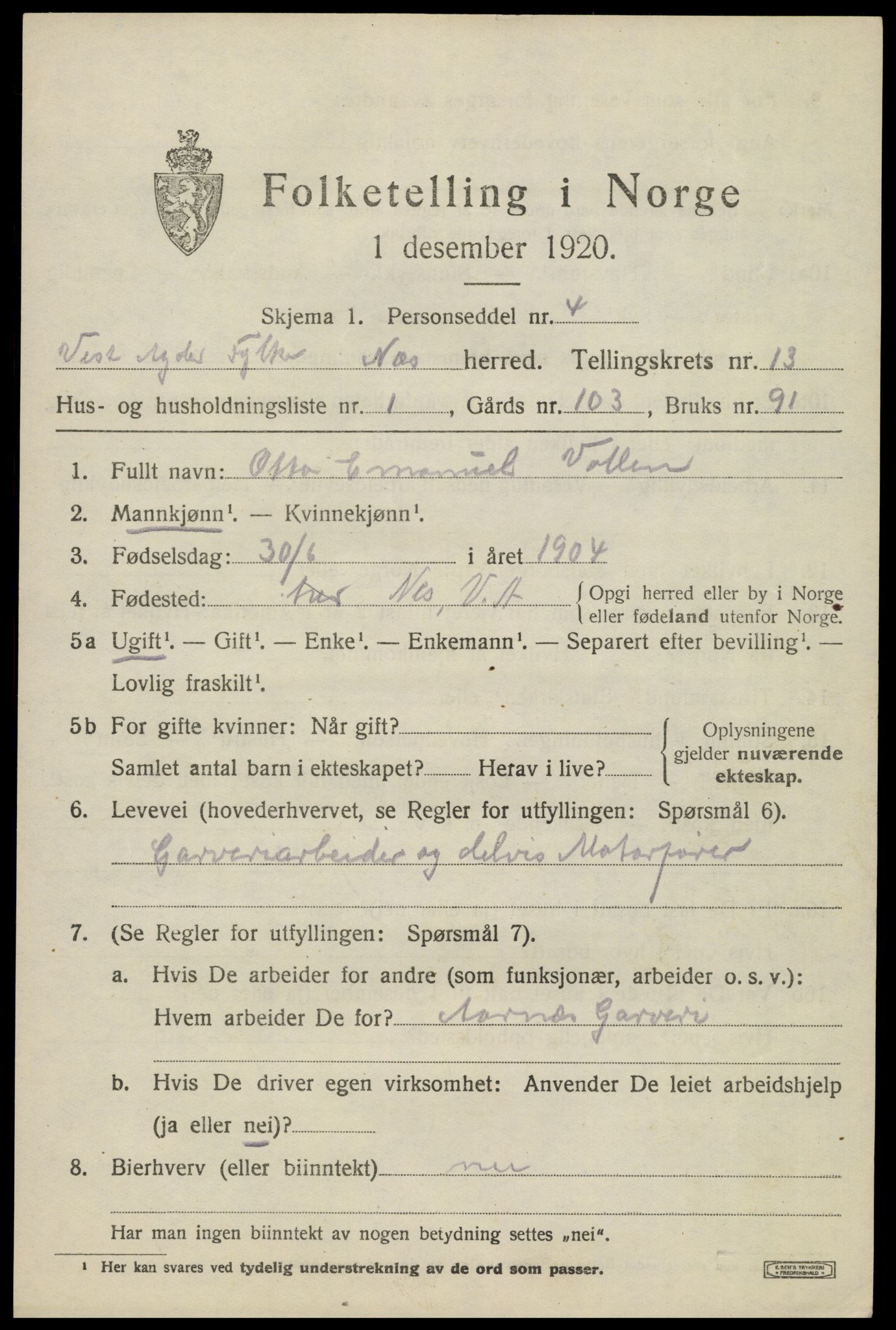 SAK, 1920 census for Nes (V-A), 1920, p. 4840