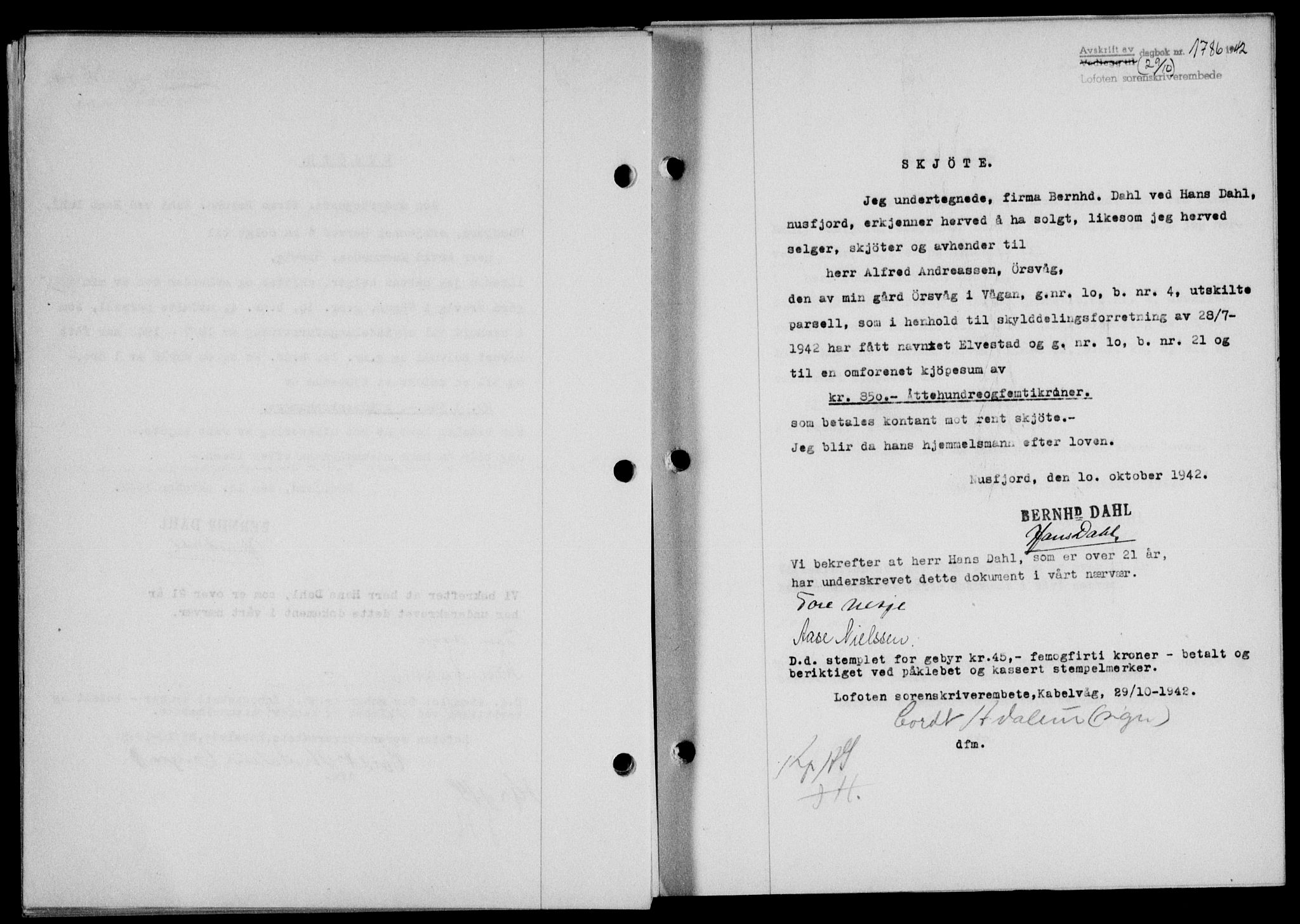 Lofoten sorenskriveri, SAT/A-0017/1/2/2C/L0010a: Mortgage book no. 10a, 1942-1943, Diary no: : 1786/1942