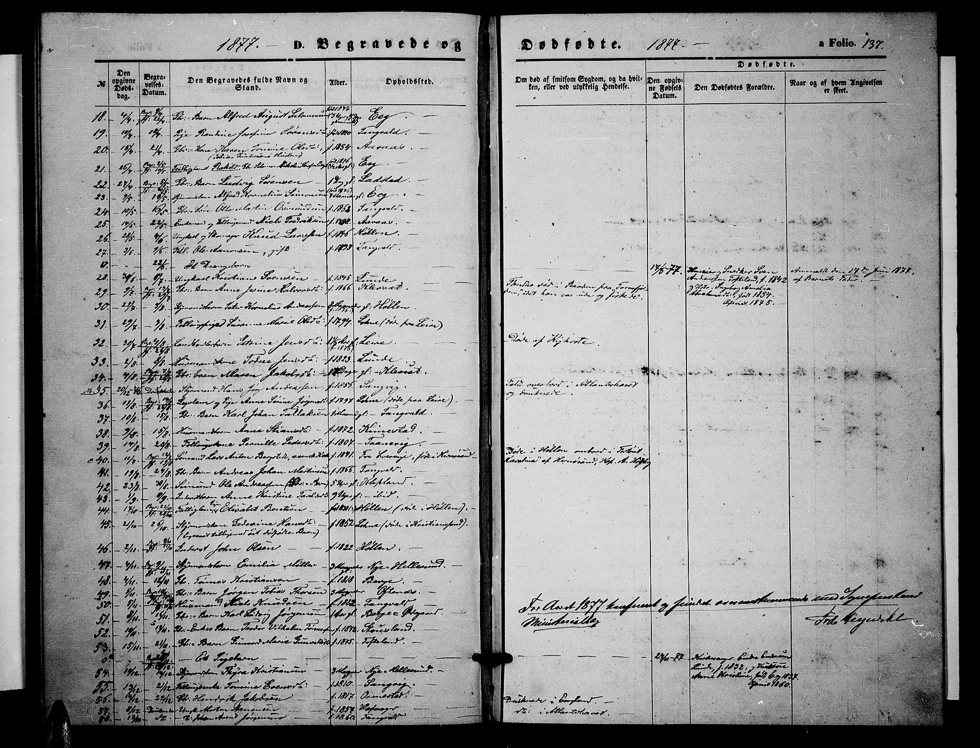 Søgne sokneprestkontor, SAK/1111-0037/F/Fb/Fbb/L0004: Parish register (copy) no. B 4, 1864-1883, p. 137