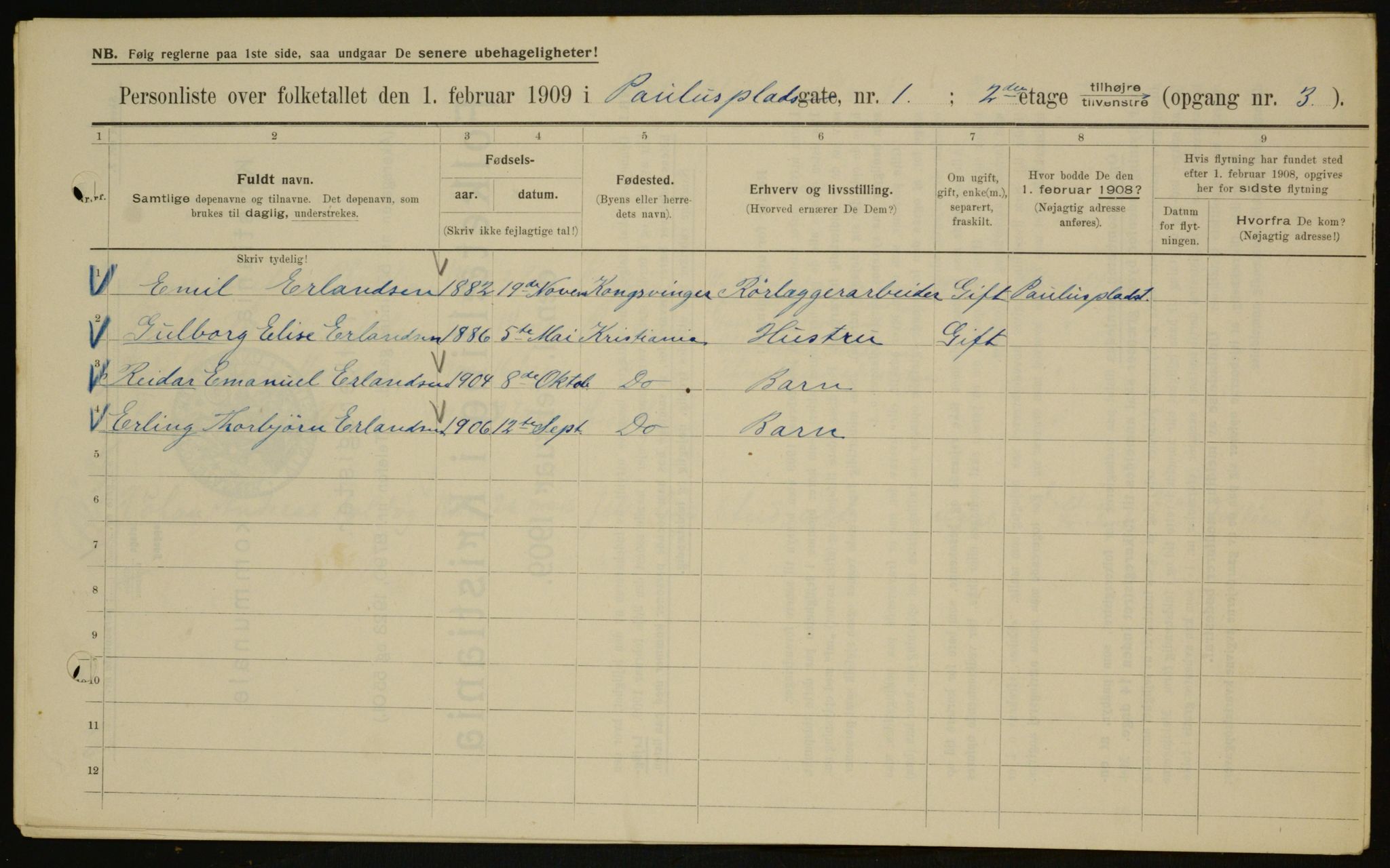 OBA, Municipal Census 1909 for Kristiania, 1909, p. 71133