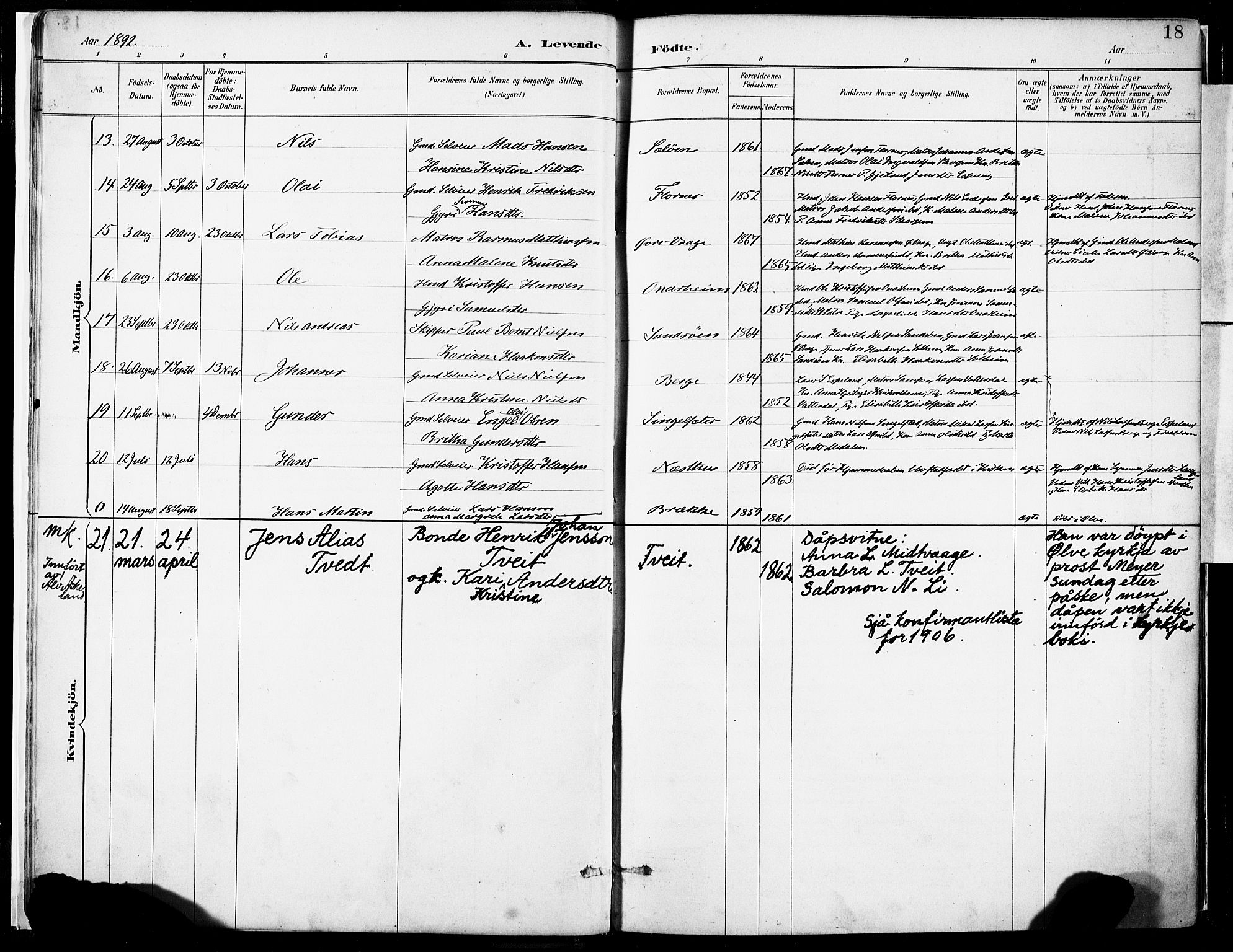 Tysnes sokneprestembete, SAB/A-78601/H/Haa: Parish register (official) no. C 1, 1887-1912, p. 18