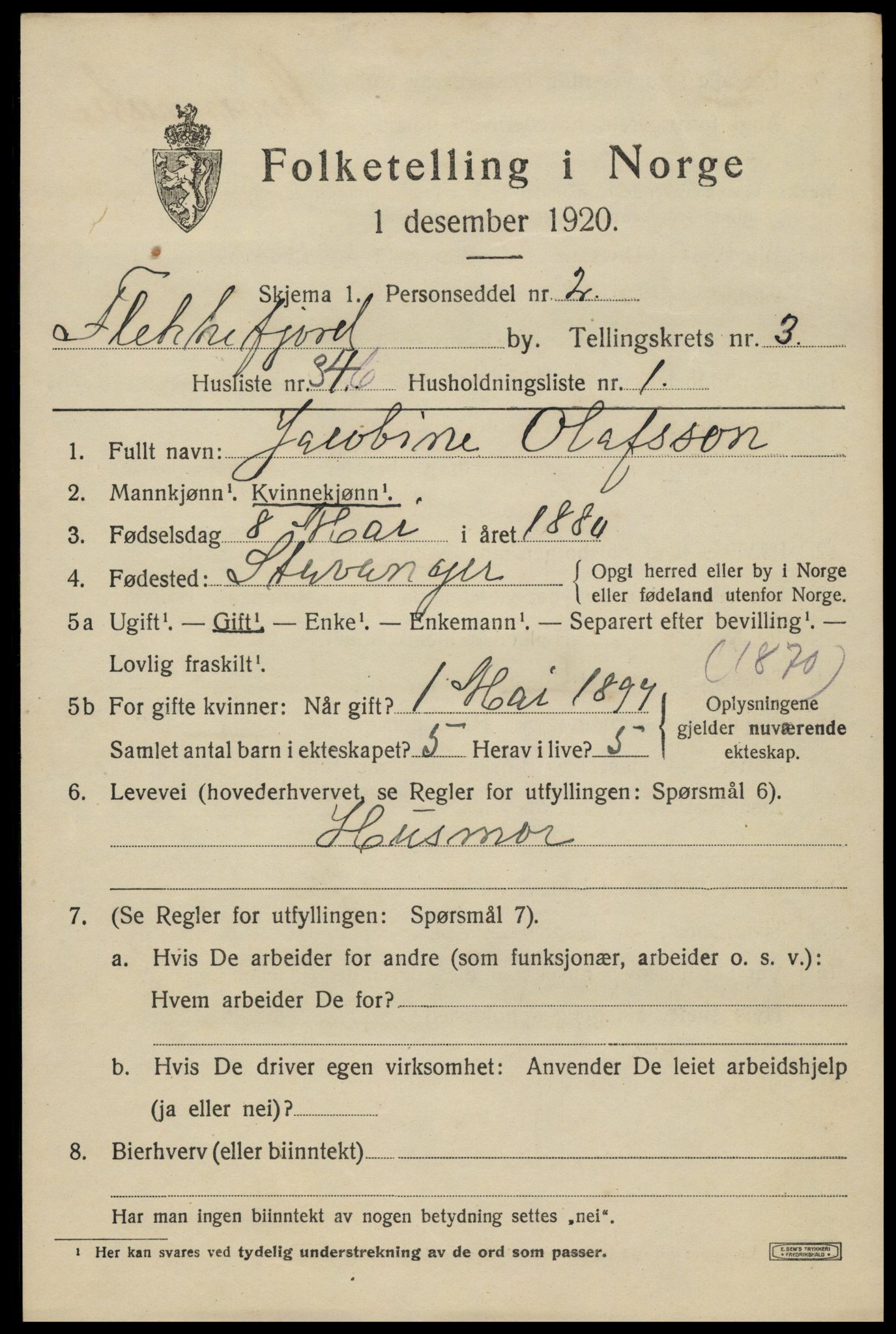 SAK, 1920 census for Flekkefjord, 1920, p. 3800
