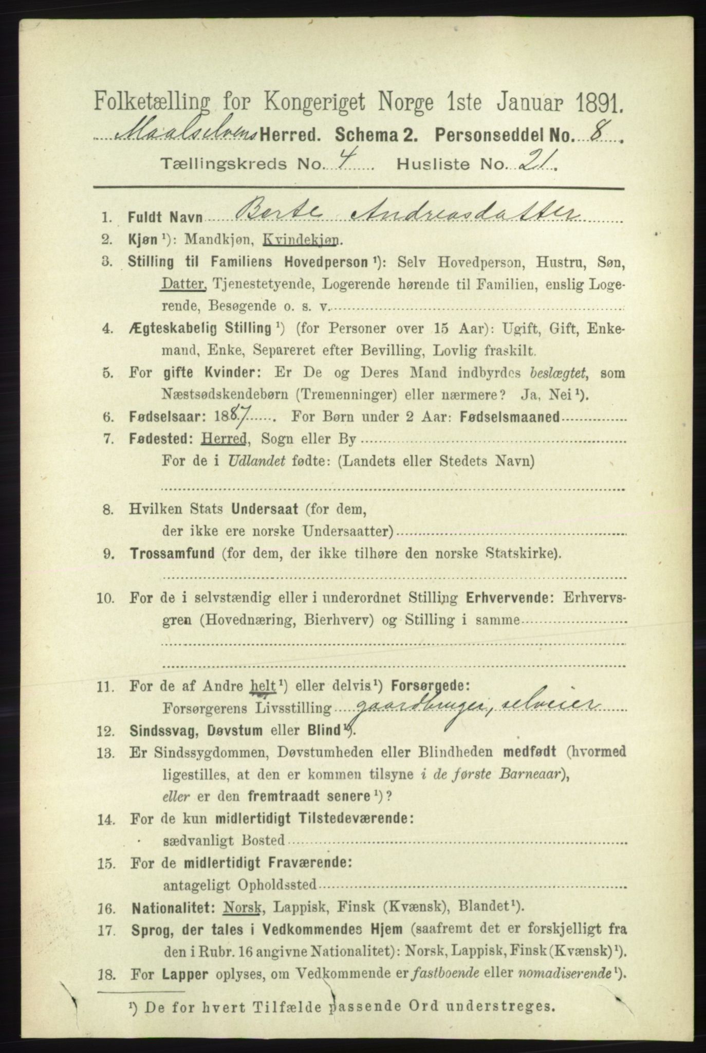 RA, 1891 census for 1924 Målselv, 1891, p. 1223