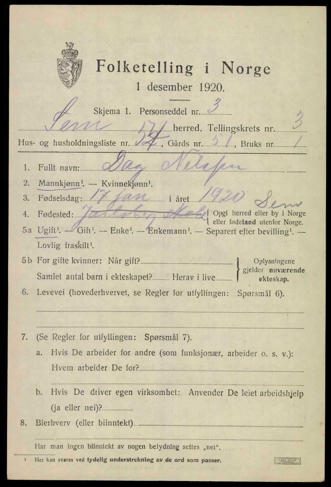 SAKO, 1920 census for Sem, 1920, p. 7067