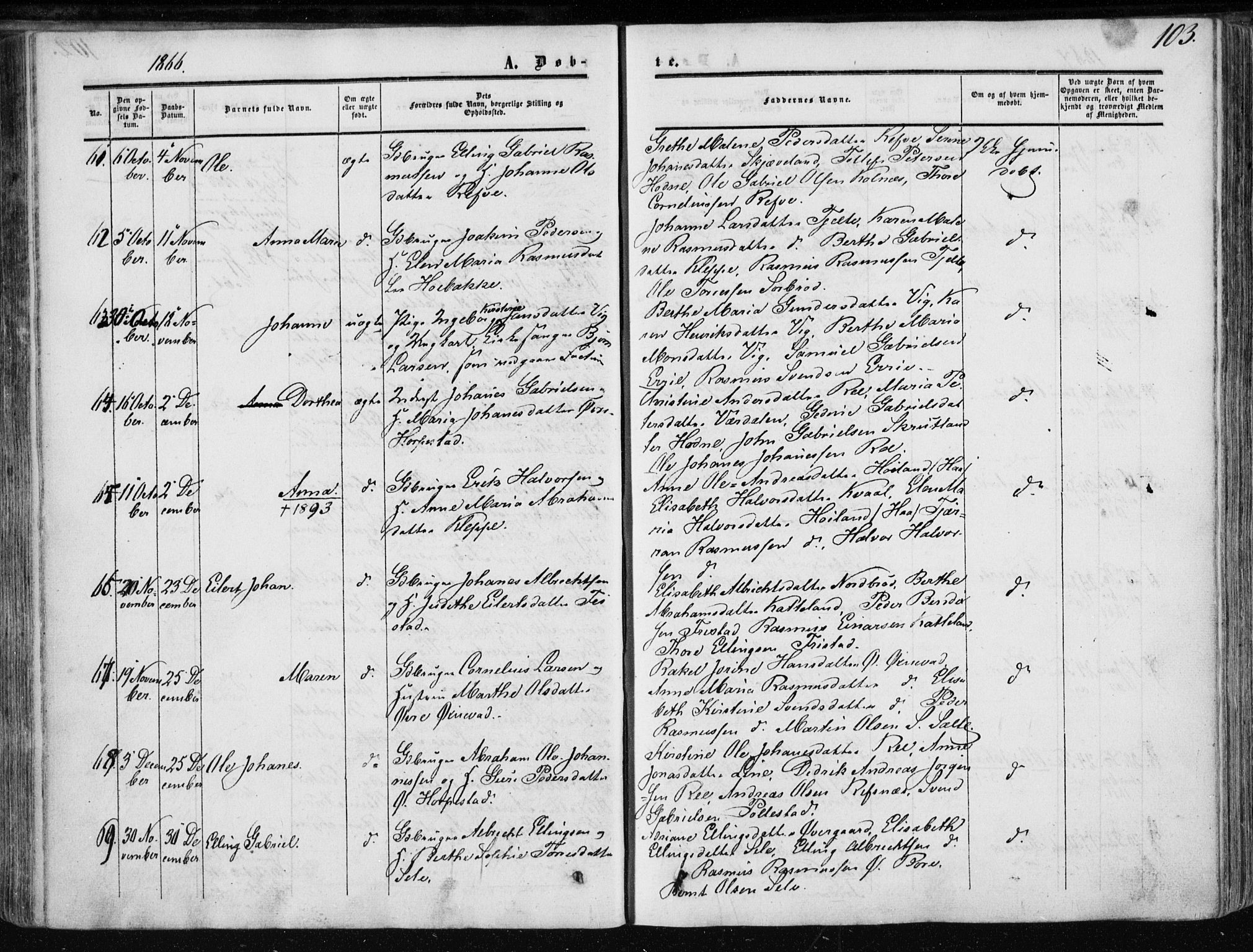 Klepp sokneprestkontor, AV/SAST-A-101803/001/3/30BA/L0005: Parish register (official) no. A 5, 1853-1870, p. 103