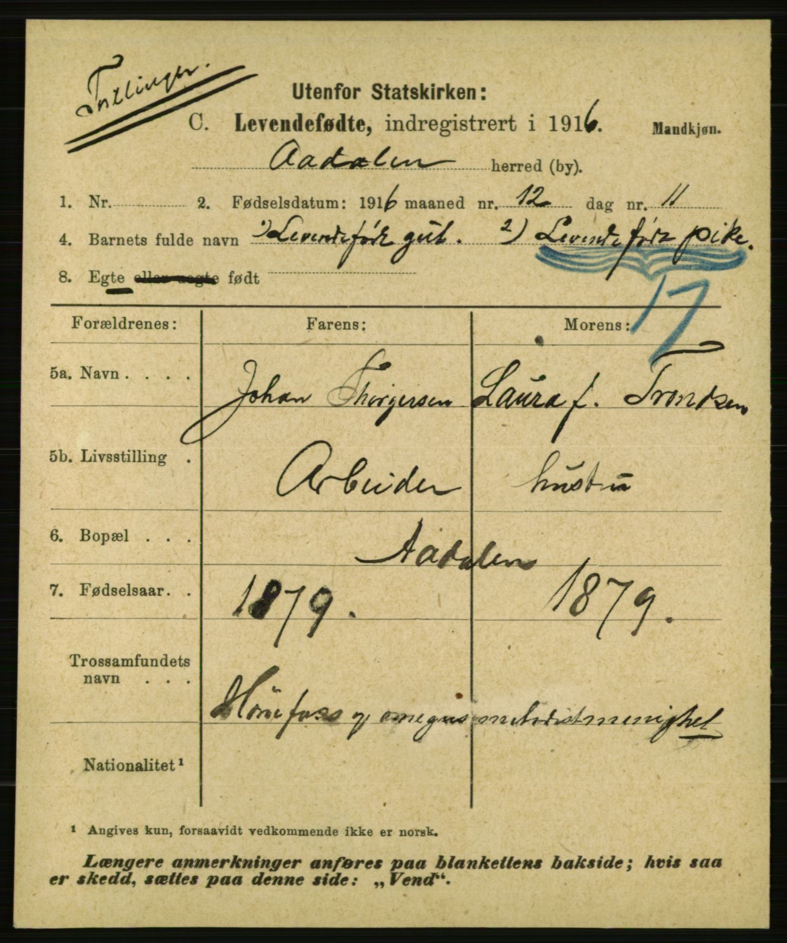 Statistisk sentralbyrå, Sosiodemografiske emner, Befolkning, AV/RA-S-2228/E/L0014: Fødte, gifte, døde dissentere., 1916, p. 3003